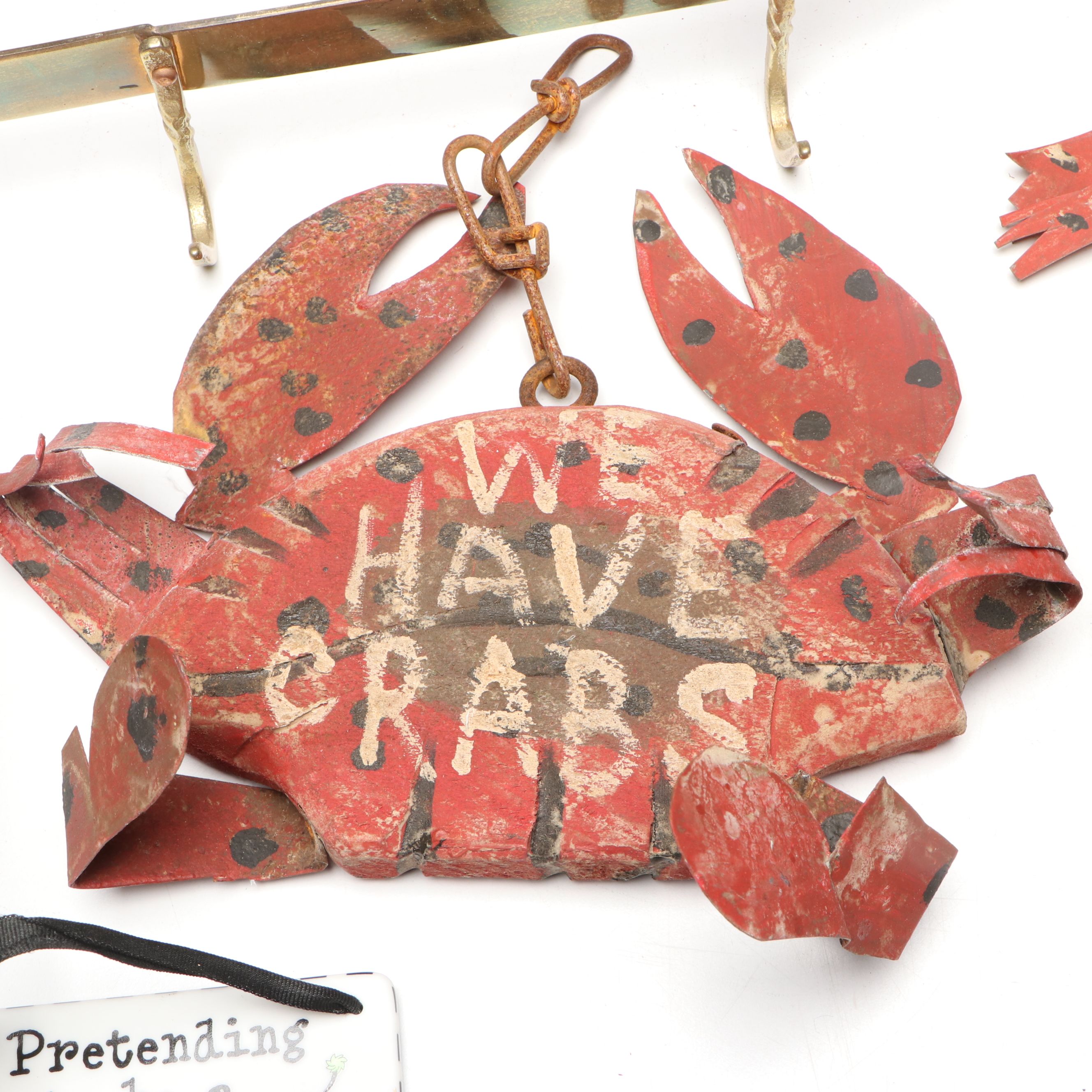 Brass Pot Hanger with Hanging Folk Art Animals and Kitchen Signs