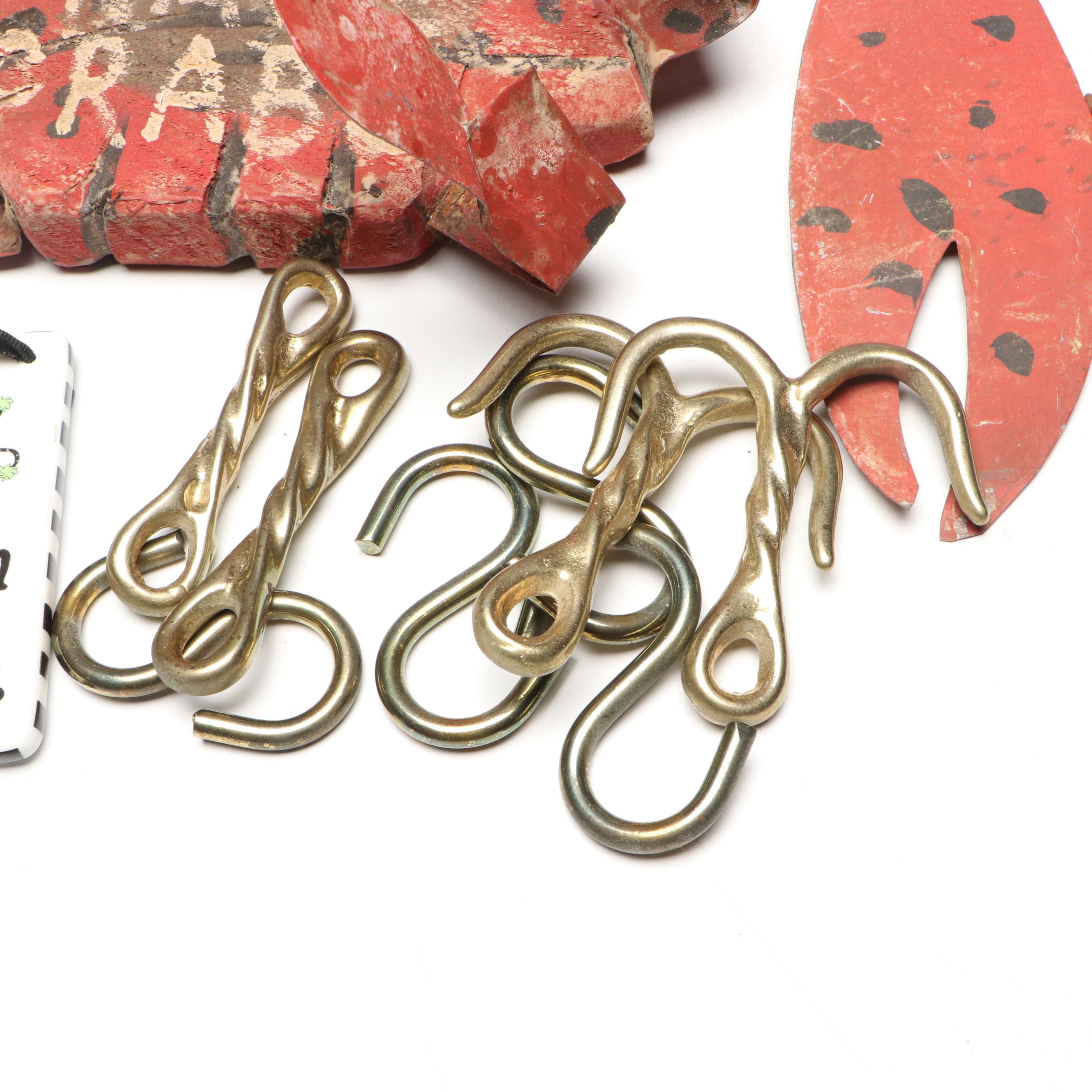 Brass Pot Hanger with Hanging Folk Art Animals and Kitchen Signs