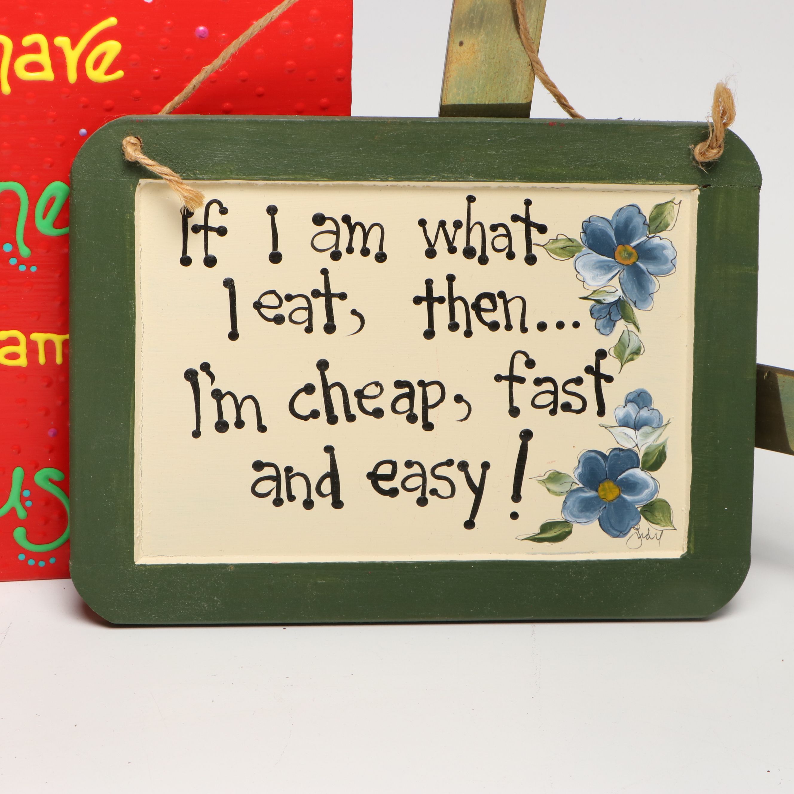 Brass Pot Hanger with Hanging Folk Art Animals and Kitchen Signs