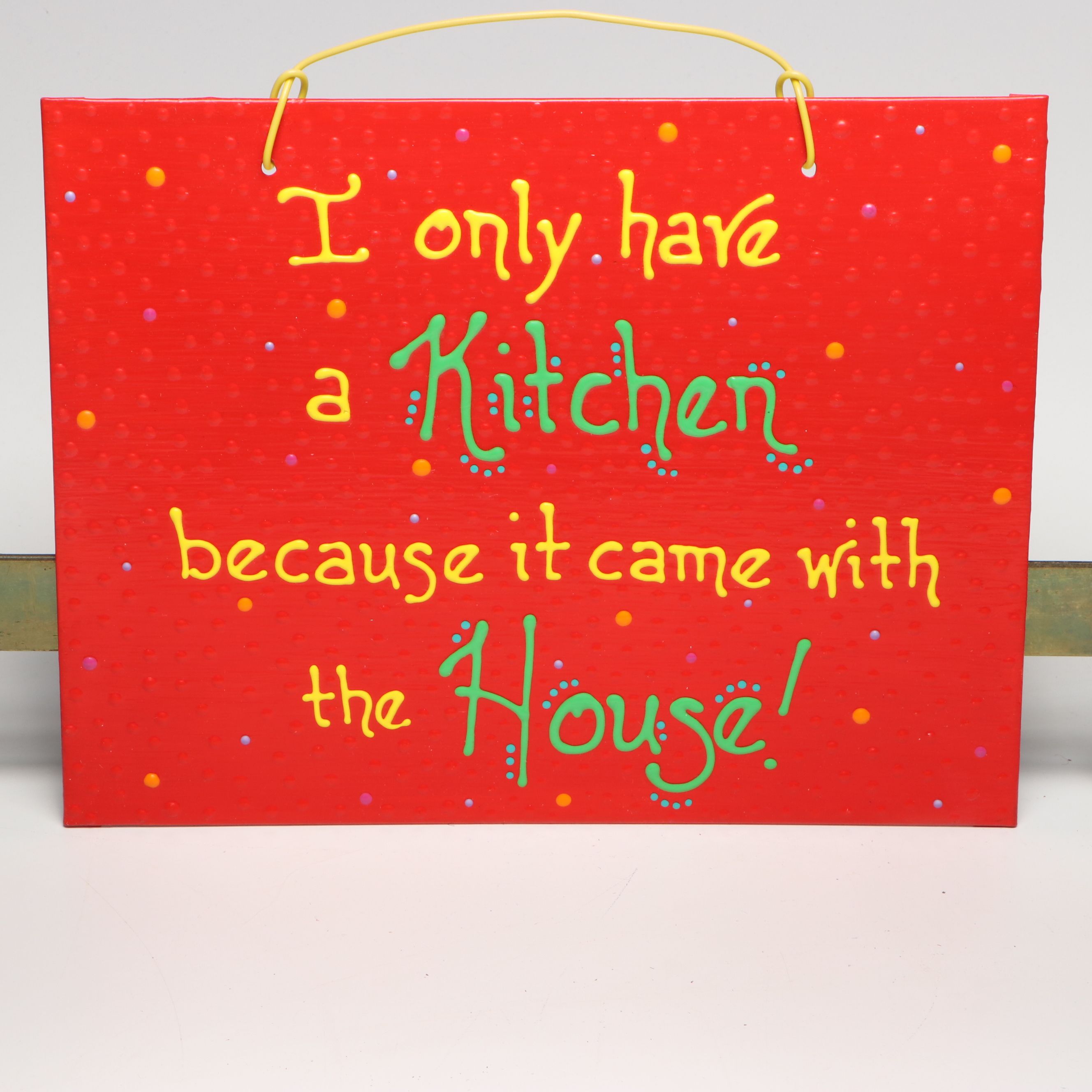 Brass Pot Hanger with Hanging Folk Art Animals and Kitchen Signs