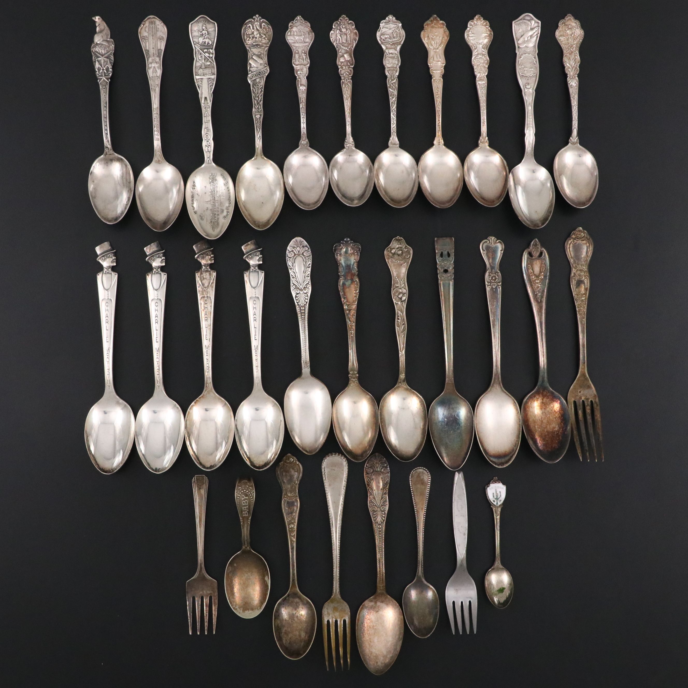 Sheffield Sterling Silver Teaspoon with Assorted Silver Plate Souvenir Flatware