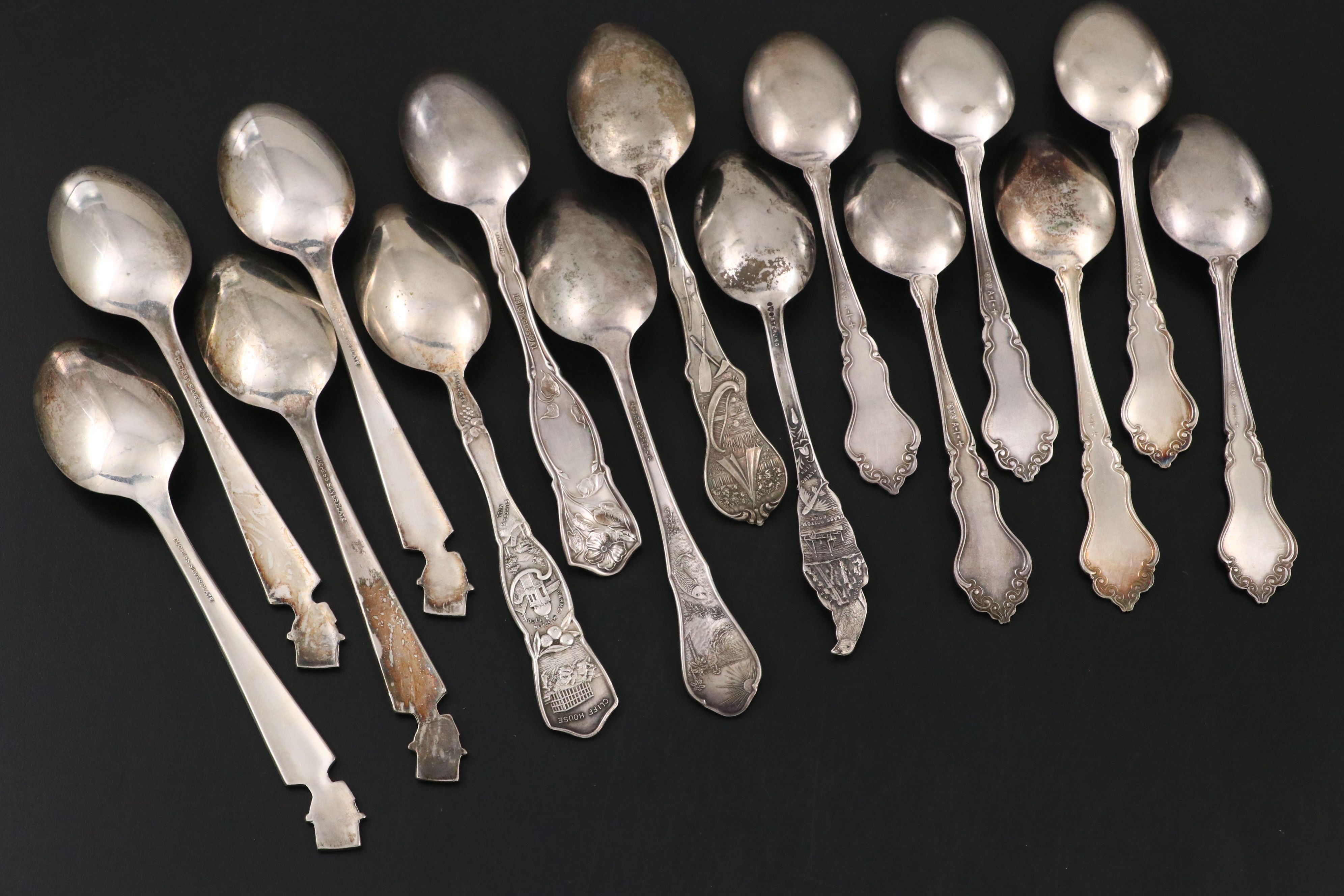 Sheffield Sterling Silver Teaspoon with Assorted Silver Plate Souvenir Flatware