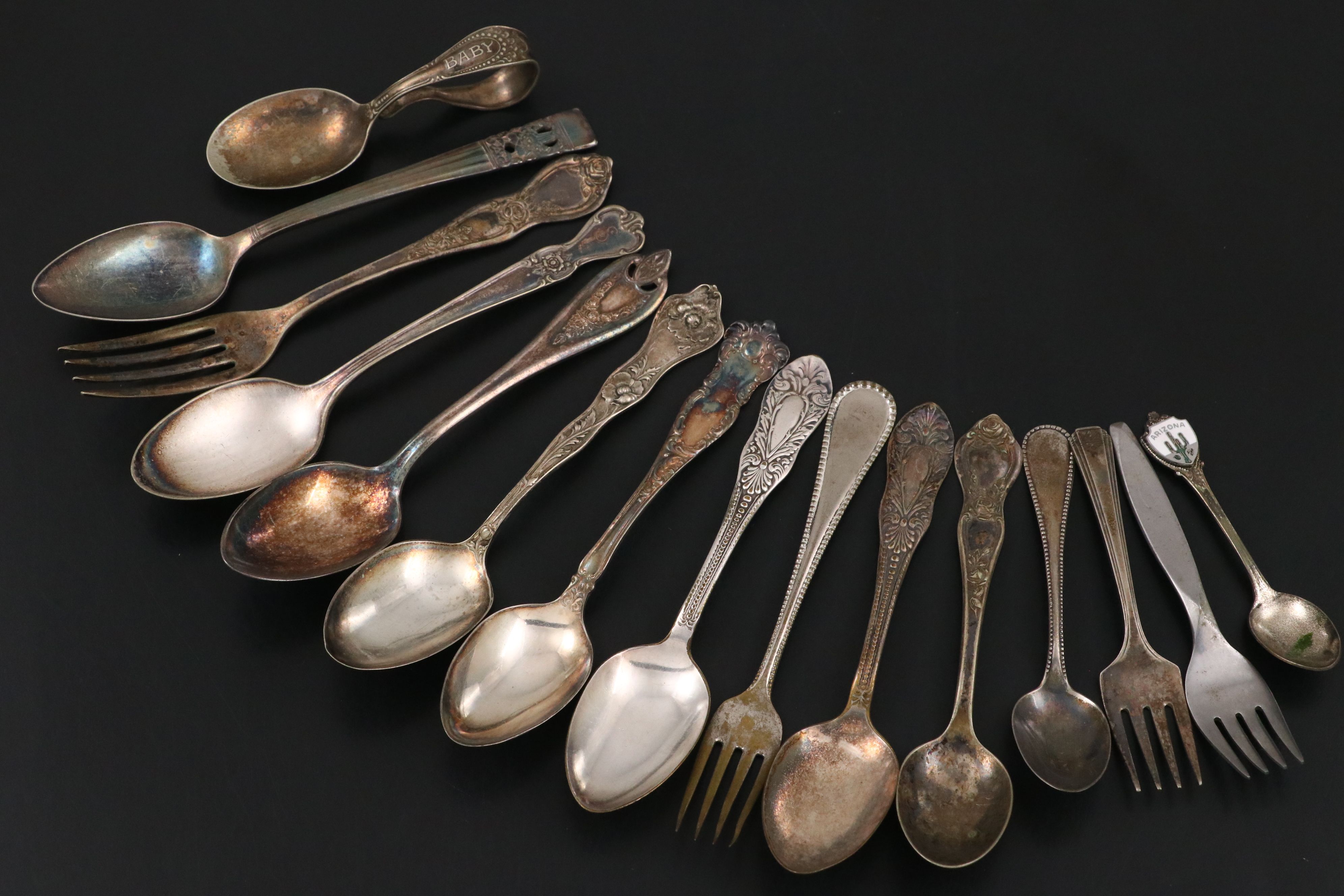 Sheffield Sterling Silver Teaspoon with Assorted Silver Plate Souvenir Flatware