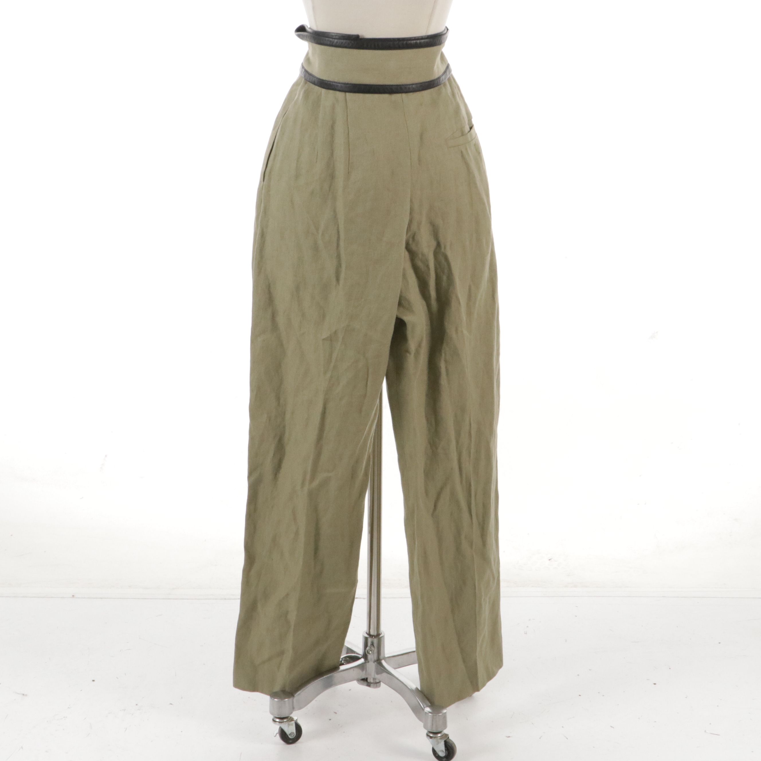 Céline Sage Green Linen Trousers with Black Lambskin Leather Trim