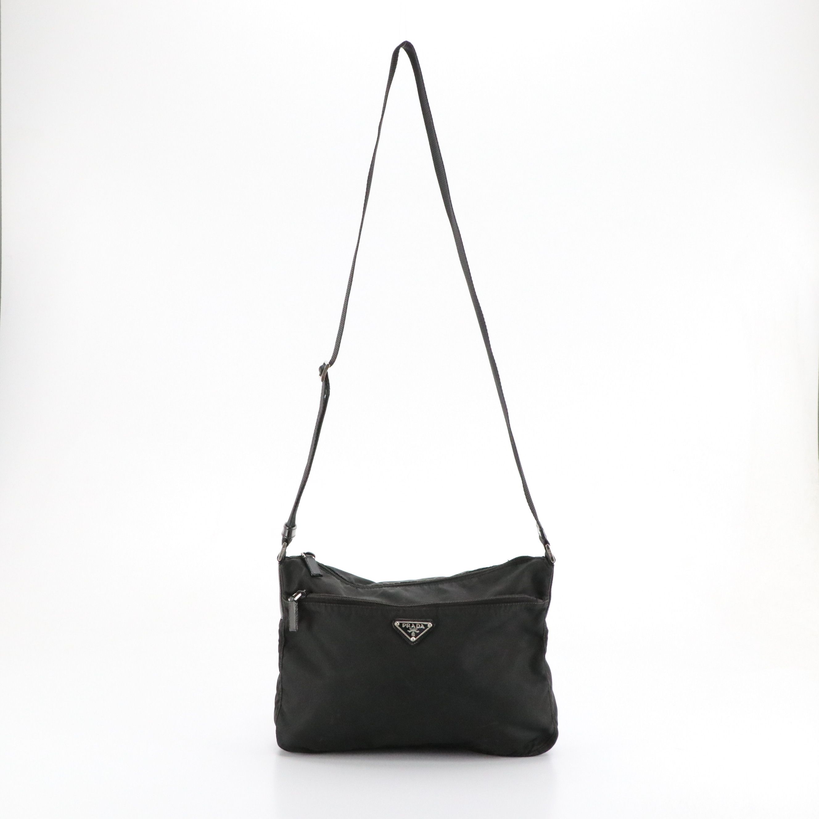 Prada Double Pocket Crossbody Bag in Black Tessuto Nylon and Leather