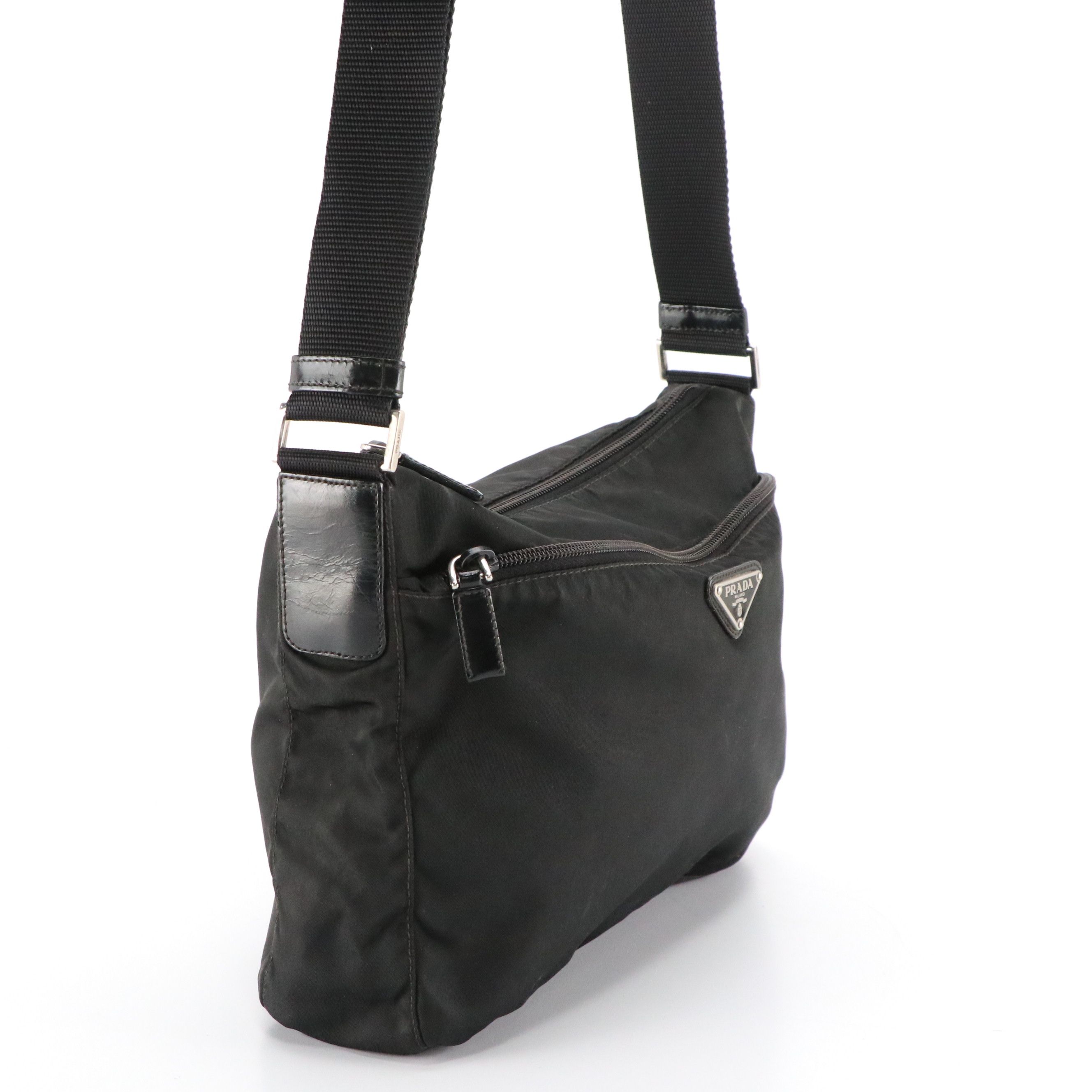 Prada Double Pocket Crossbody Bag in Black Tessuto Nylon and Leather