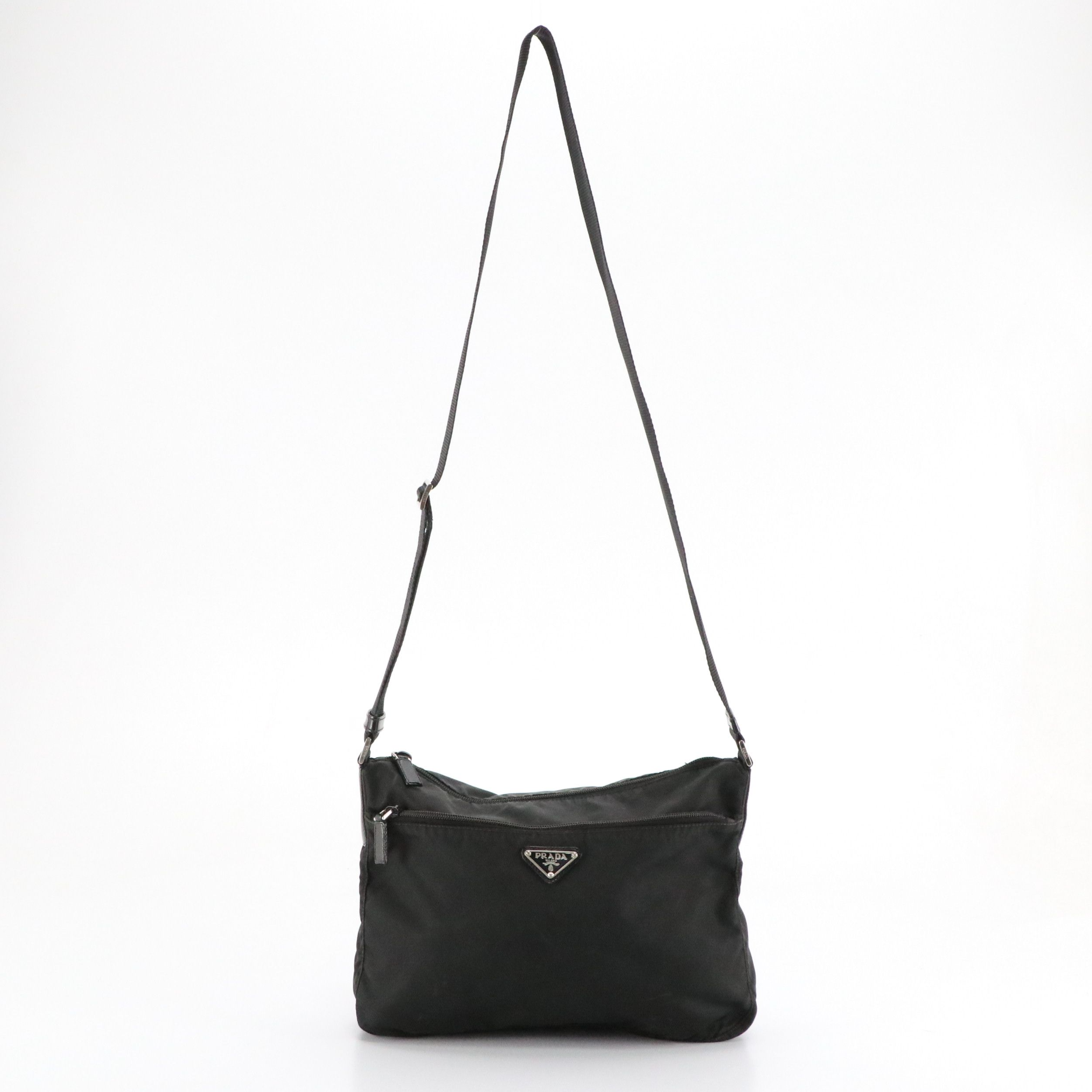 Prada Double Pocket Crossbody Bag in Black Tessuto Nylon and Leather