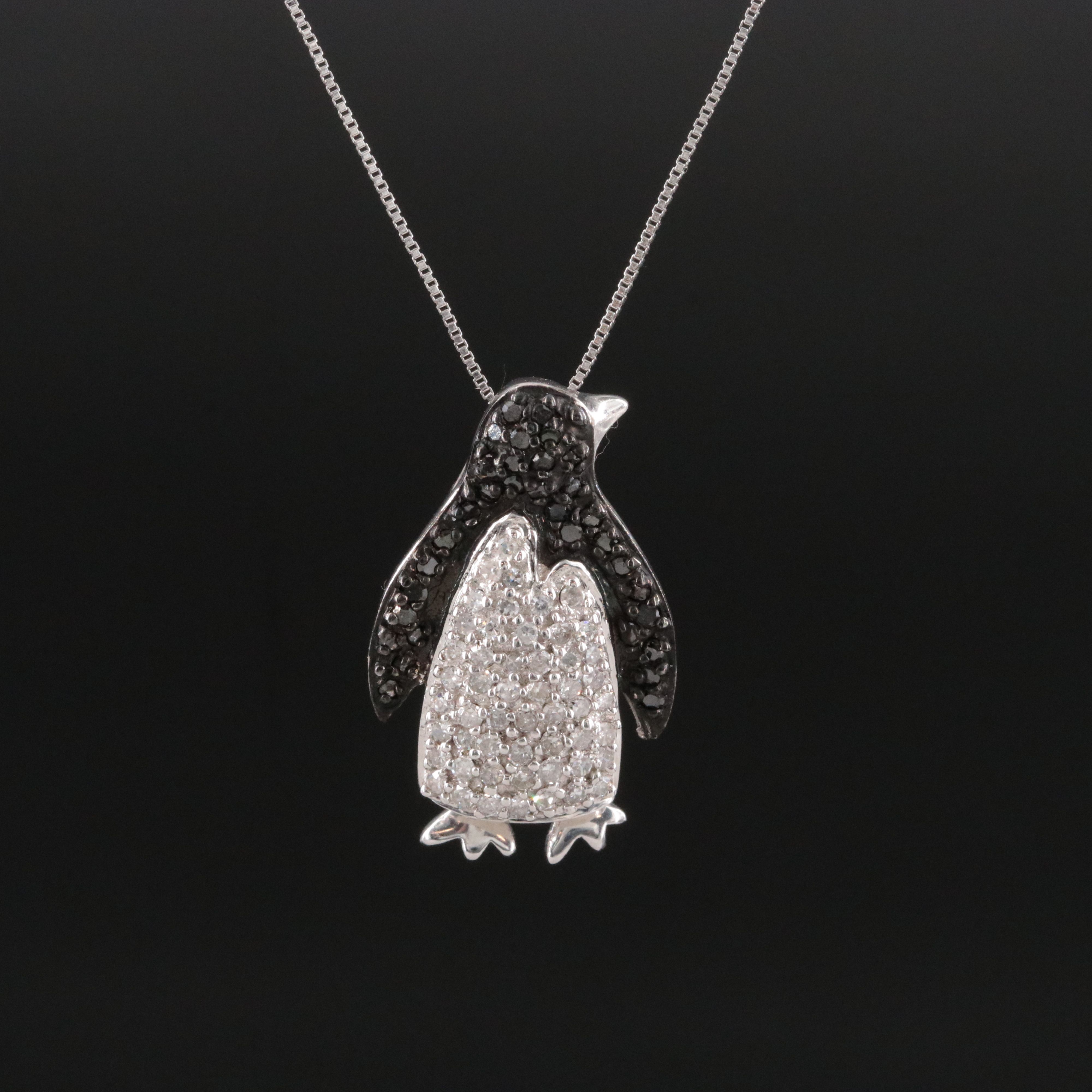10K Pavé Penguin Pendant Necklace Including Fancy Black