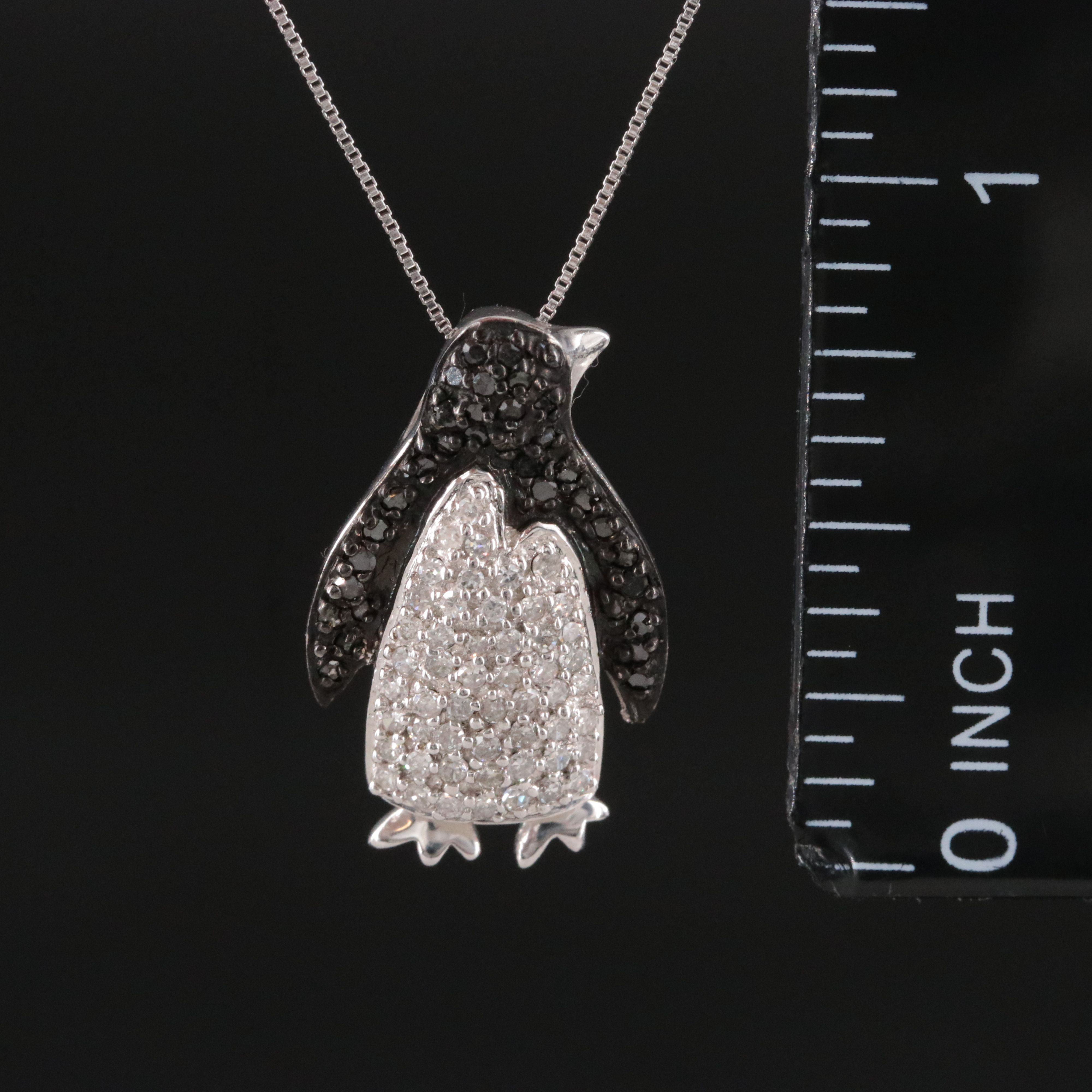 10K Pavé Penguin Pendant Necklace Including Fancy Black