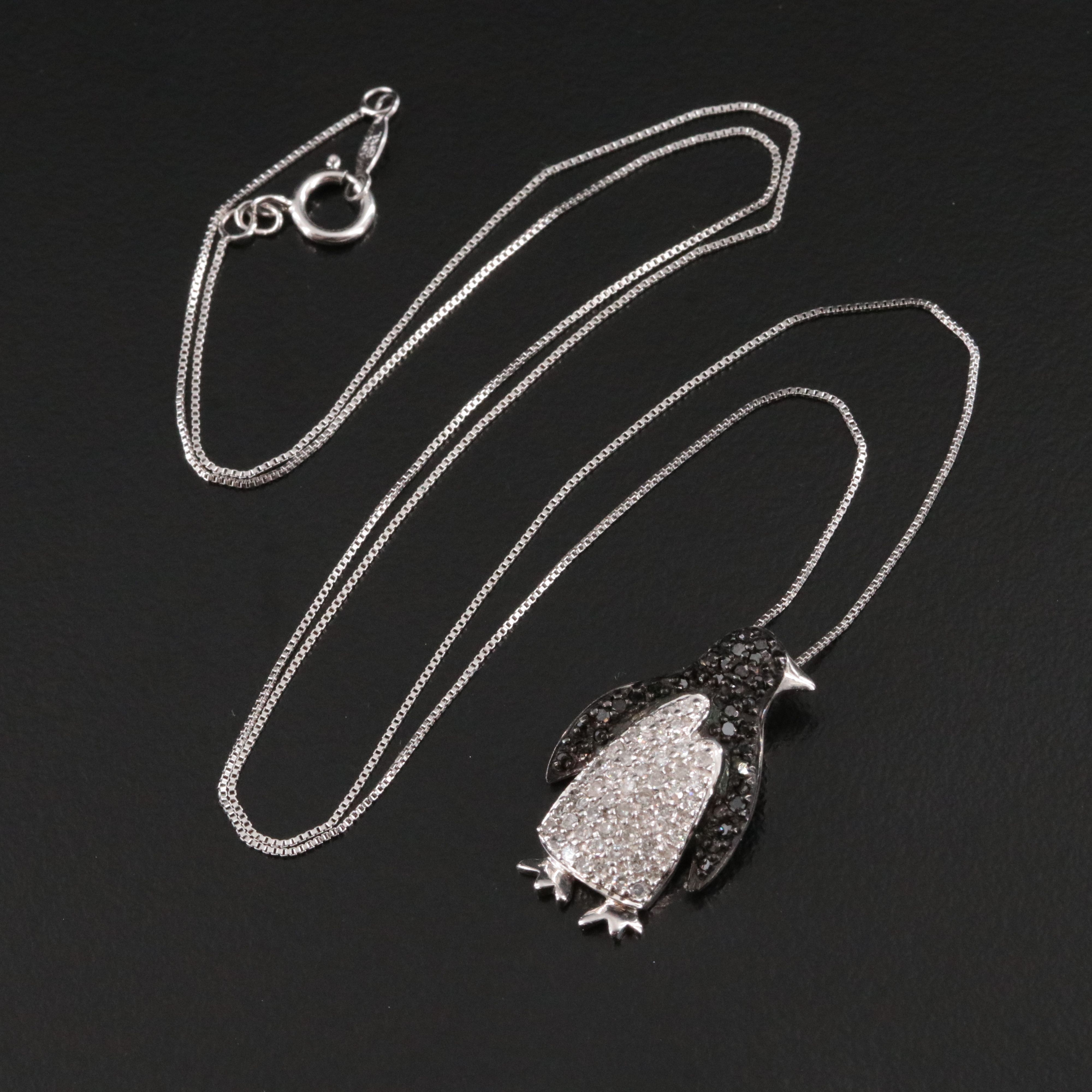 10K Pavé Penguin Pendant Necklace Including Fancy Black