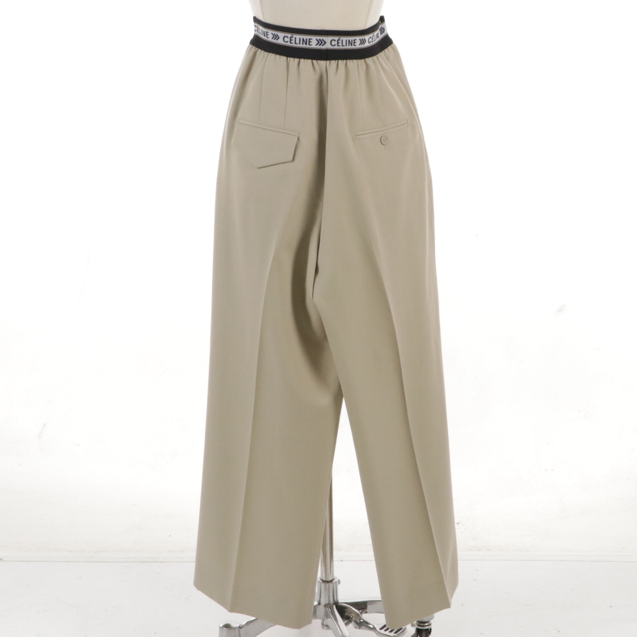 Céline Beige Wool Pleated Wide-Leg Trousers with Signature Sporty Elastic Band