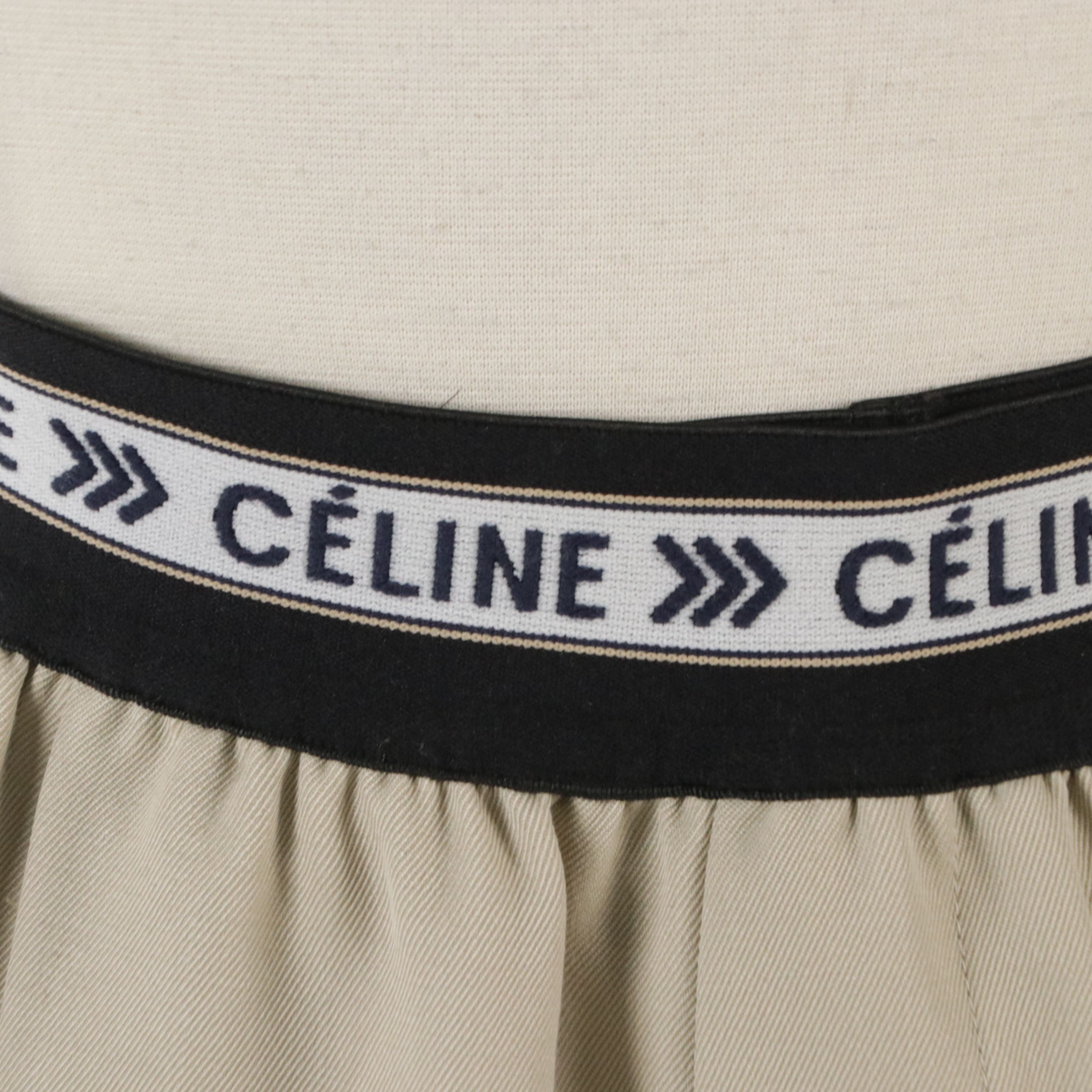 Céline Beige Wool Pleated Wide-Leg Trousers with Signature Sporty Elastic Band