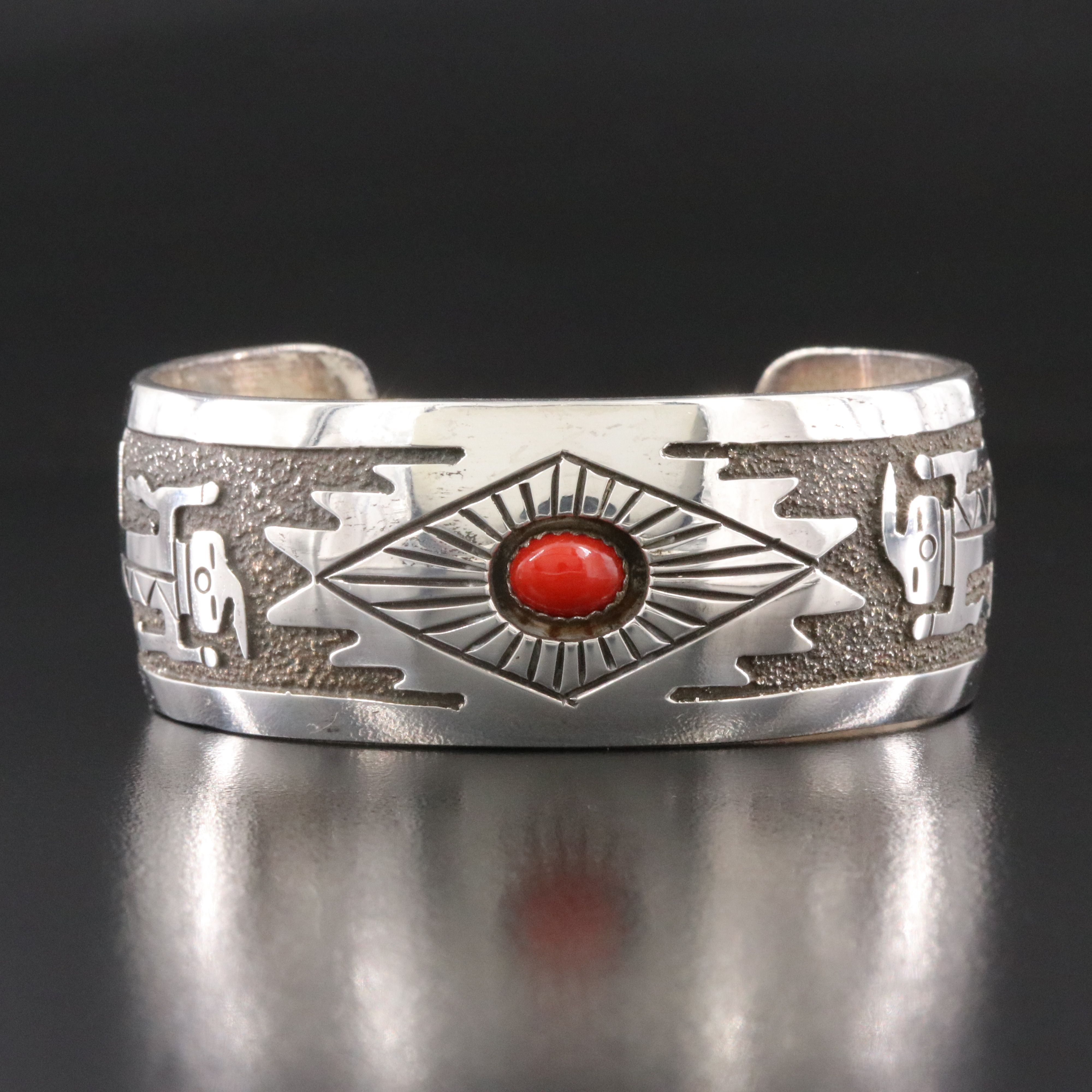 Jerome Begay Navajo Diné Sterling Coral Tufa Cast Cuff Bracelet