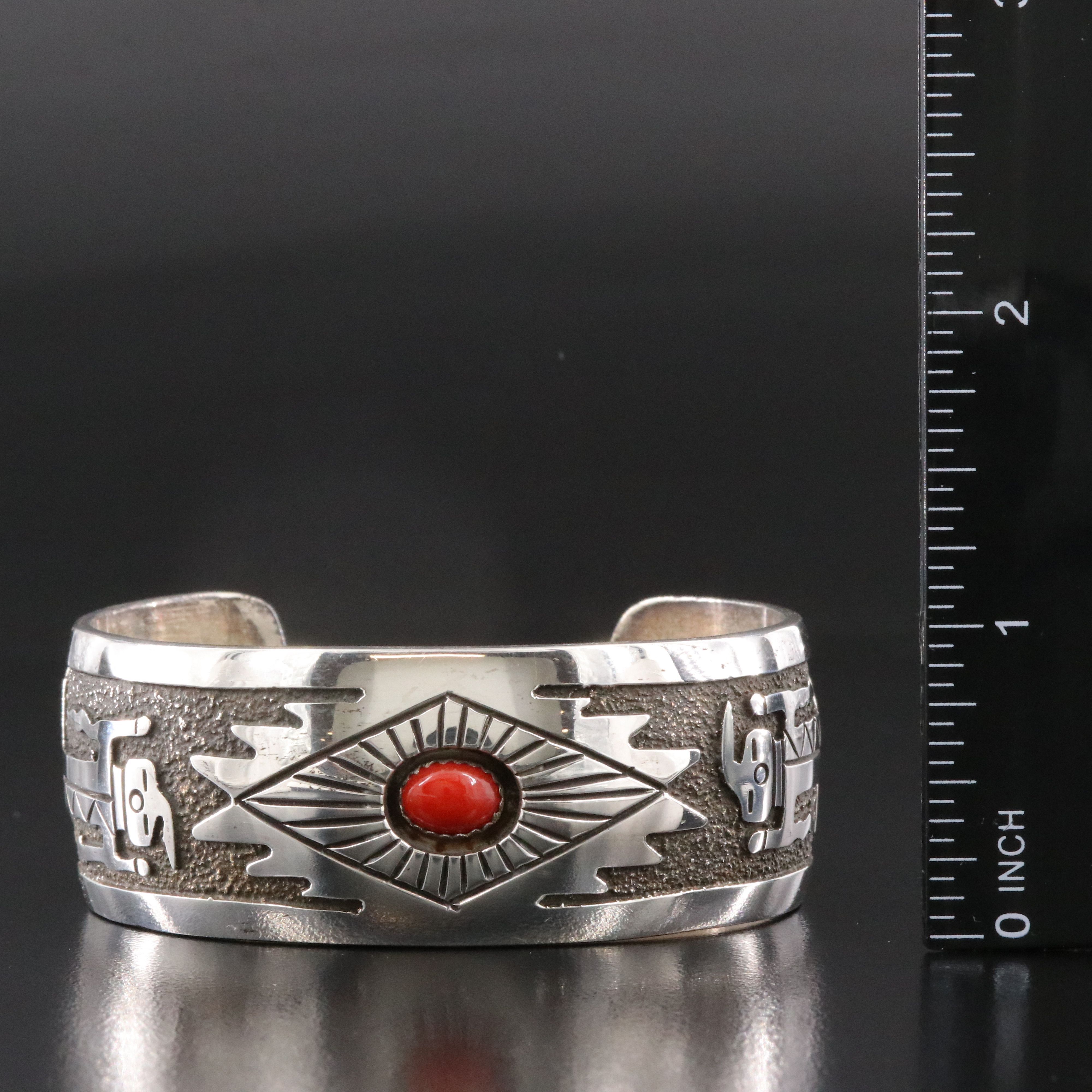 Jerome Begay Navajo Diné Sterling Coral Tufa Cast Cuff Bracelet