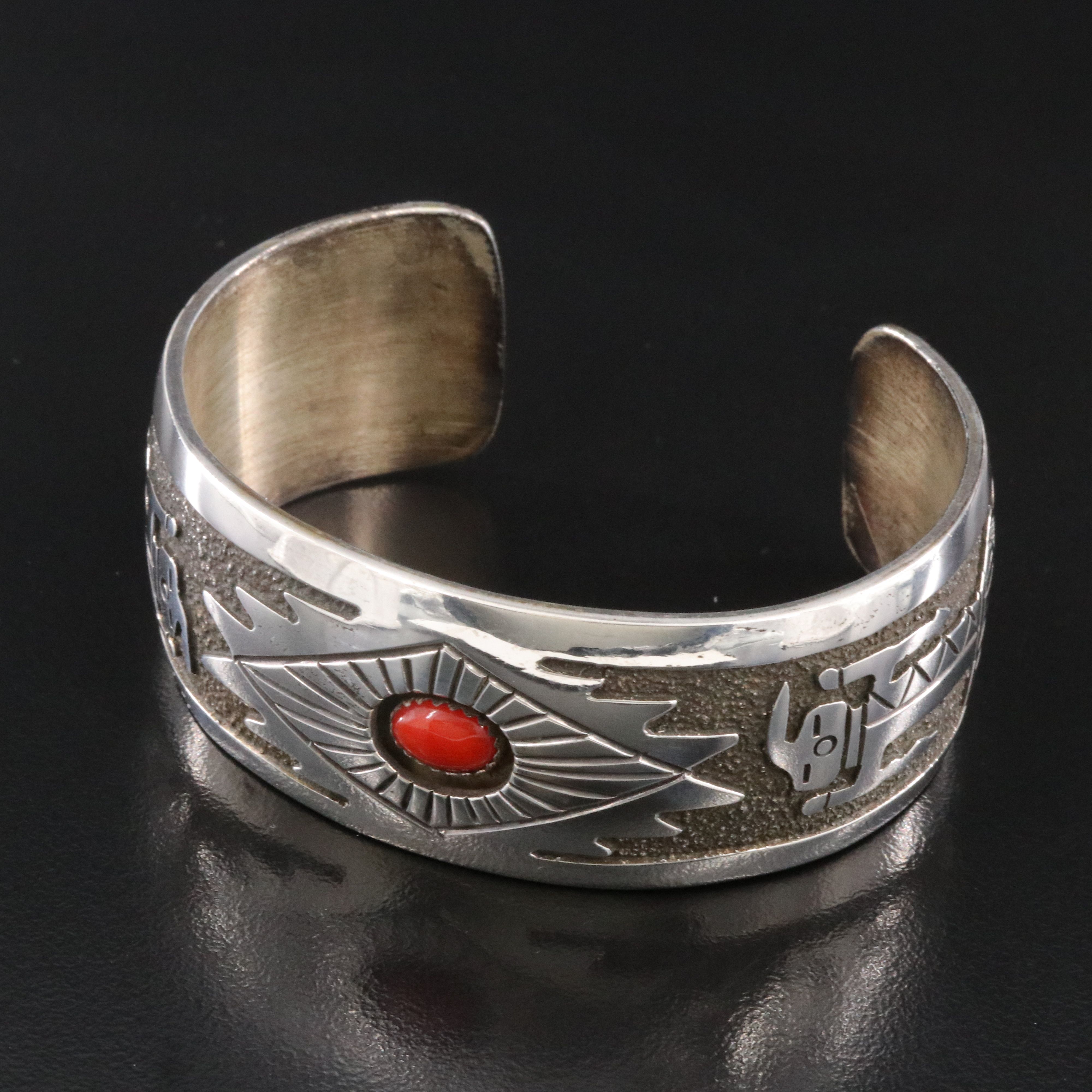 Jerome Begay Navajo Diné Sterling Coral Tufa Cast Cuff Bracelet