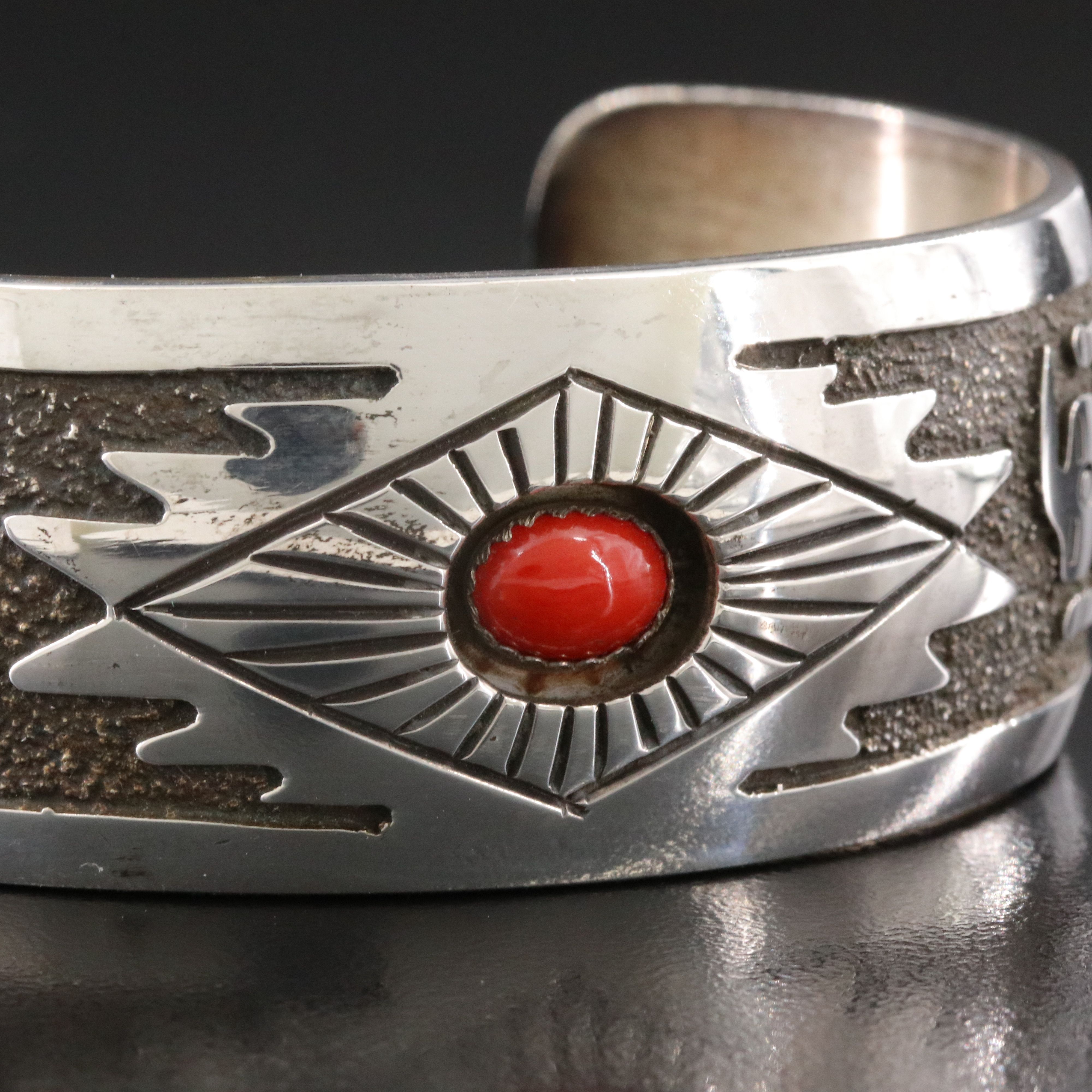 Jerome Begay Navajo Diné Sterling Coral Tufa Cast Cuff Bracelet