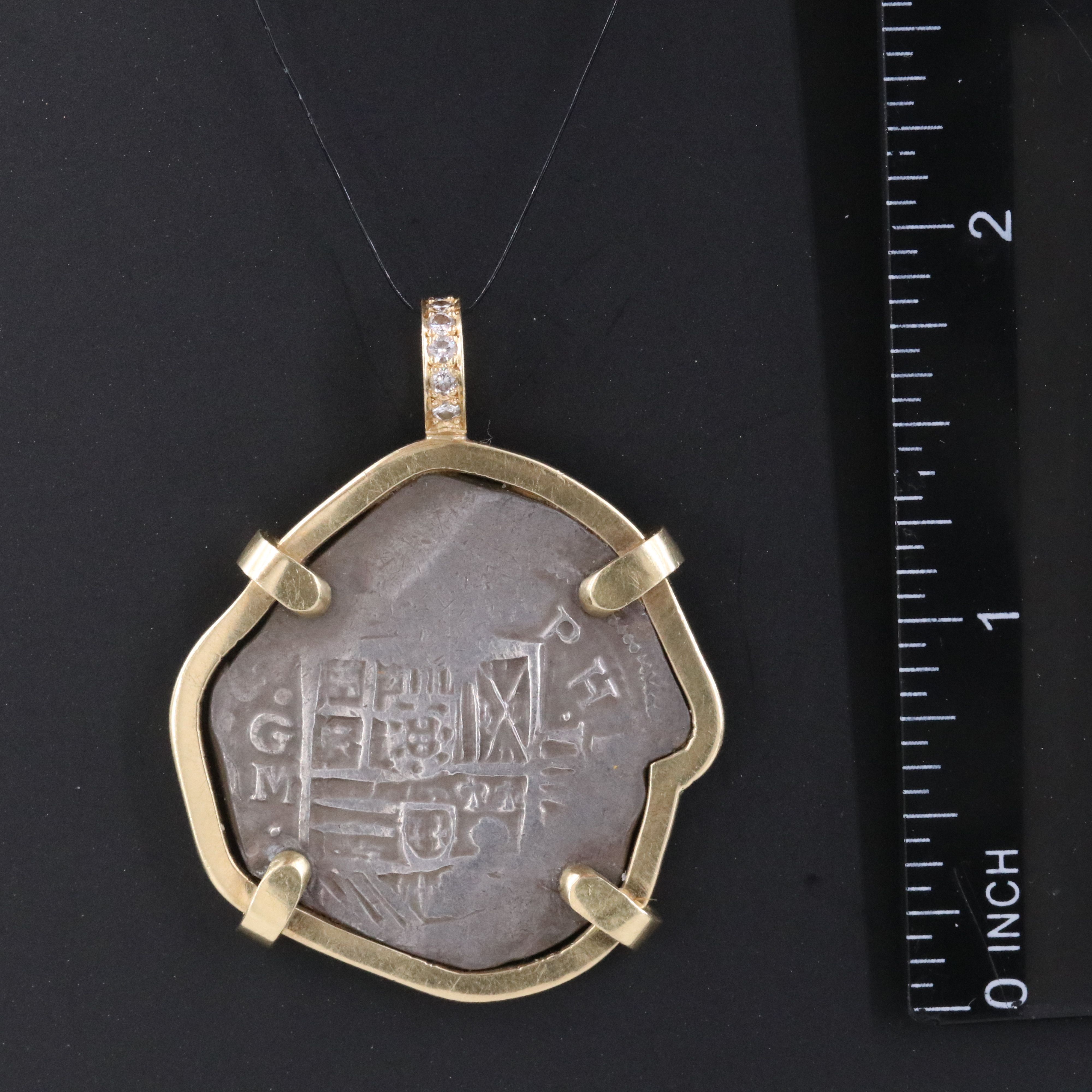 18K 0.15 CTW Diamond Pendant with ca. 1617 Spanish 8-Reales Silver Cob Coin