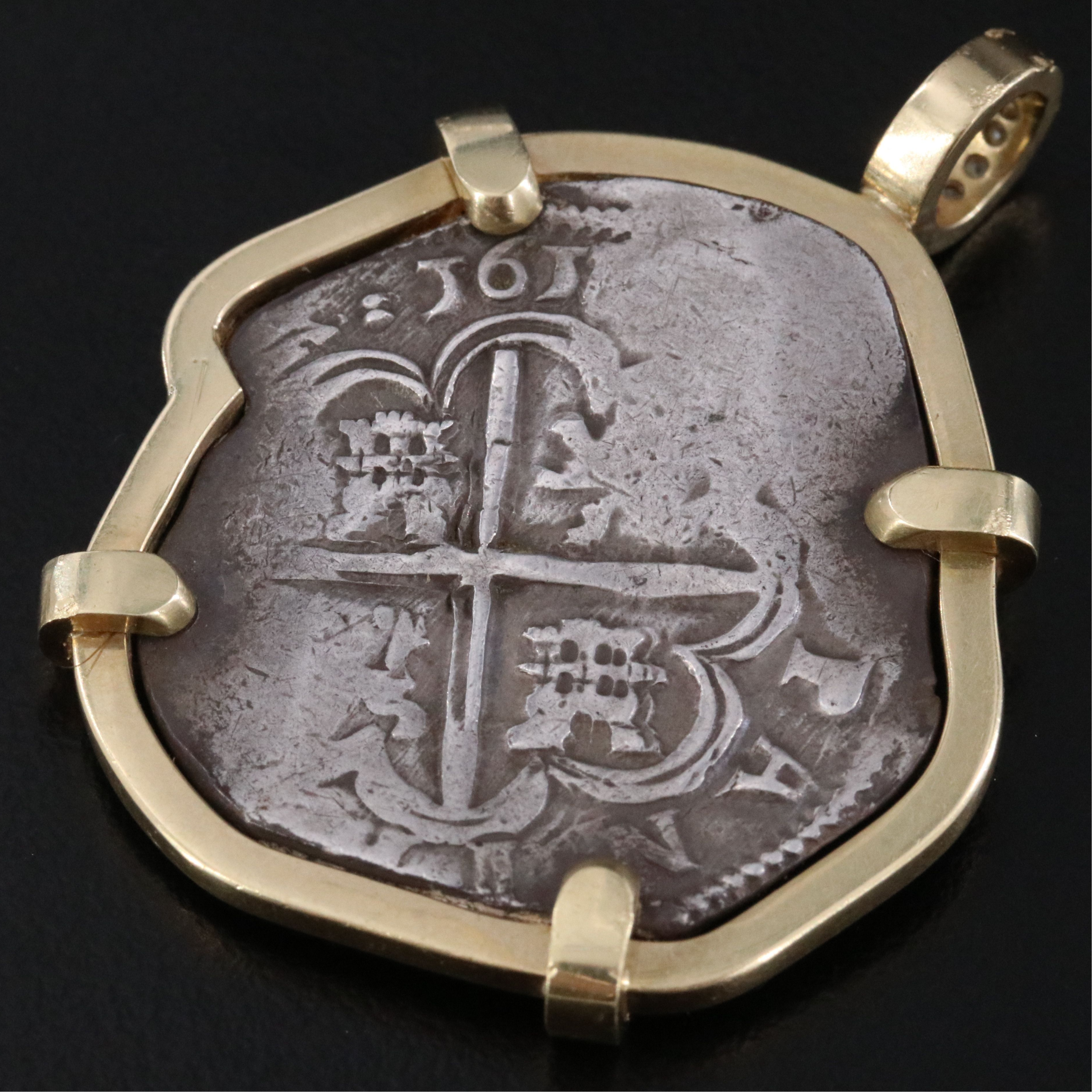 18K 0.15 CTW Diamond Pendant with ca. 1617 Spanish 8-Reales Silver Cob Coin