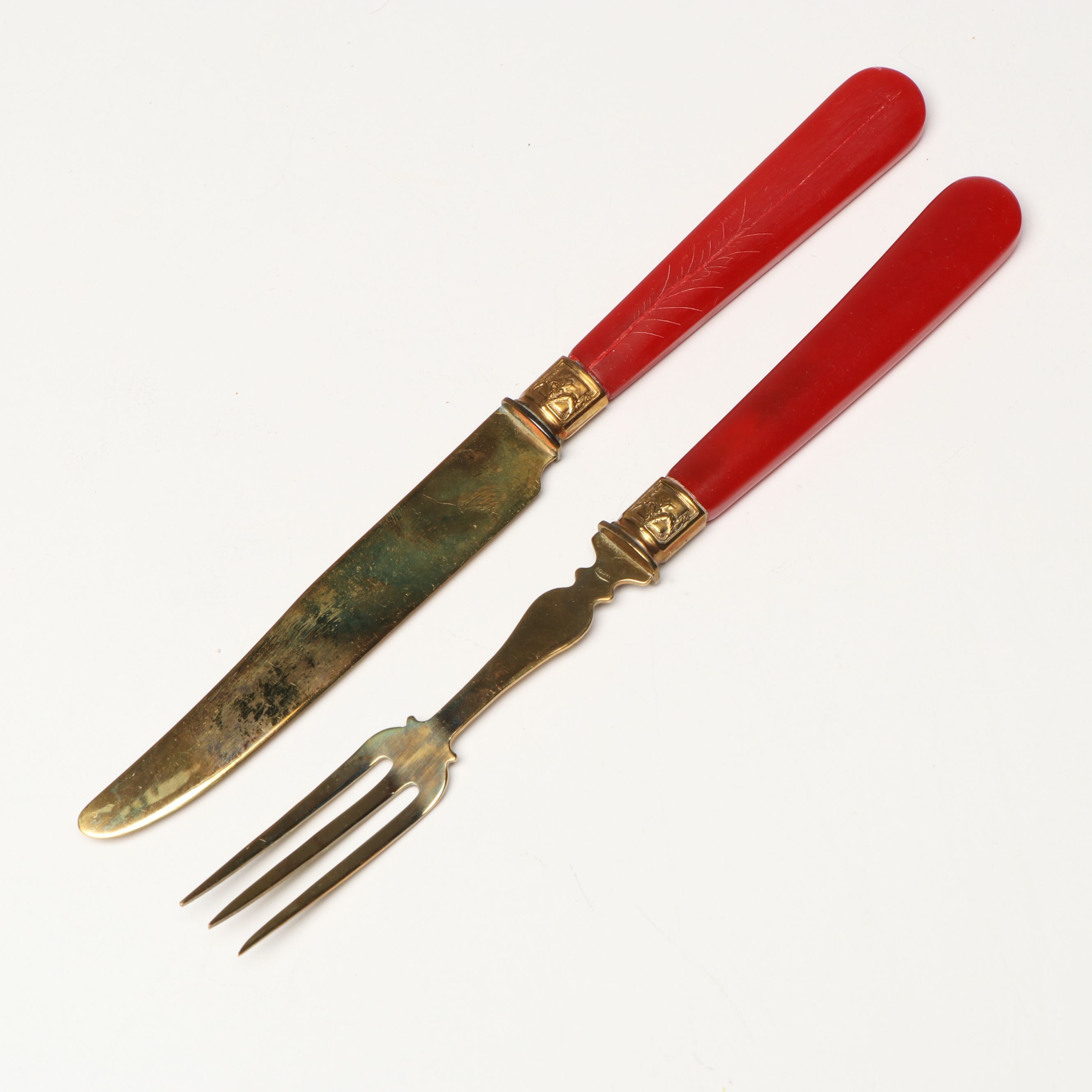 French Brass with Bakelite Handled Dessert Flatware and Case, Mid-20th Century