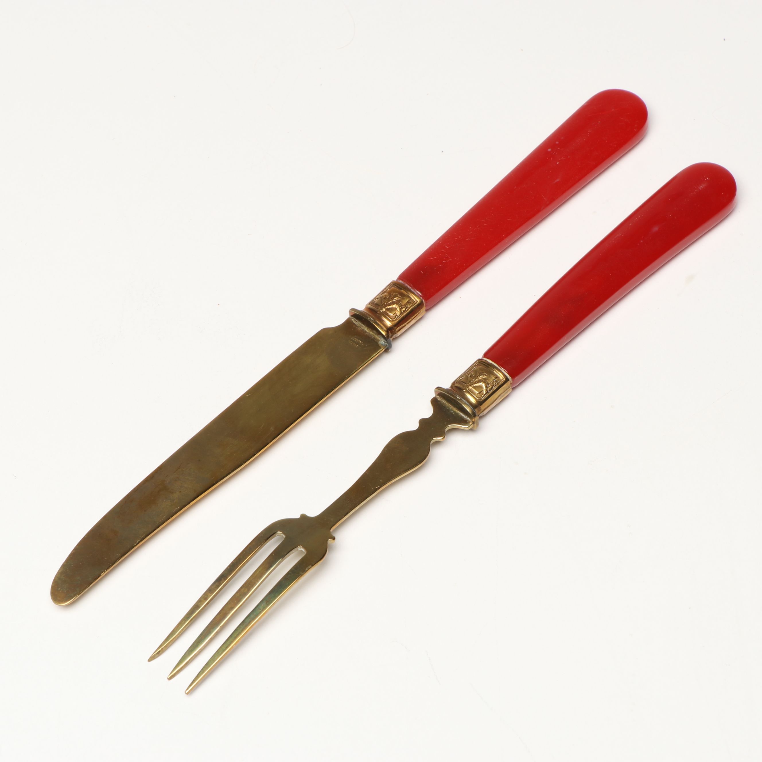 French Brass with Bakelite Handled Dessert Flatware and Case, Mid-20th Century