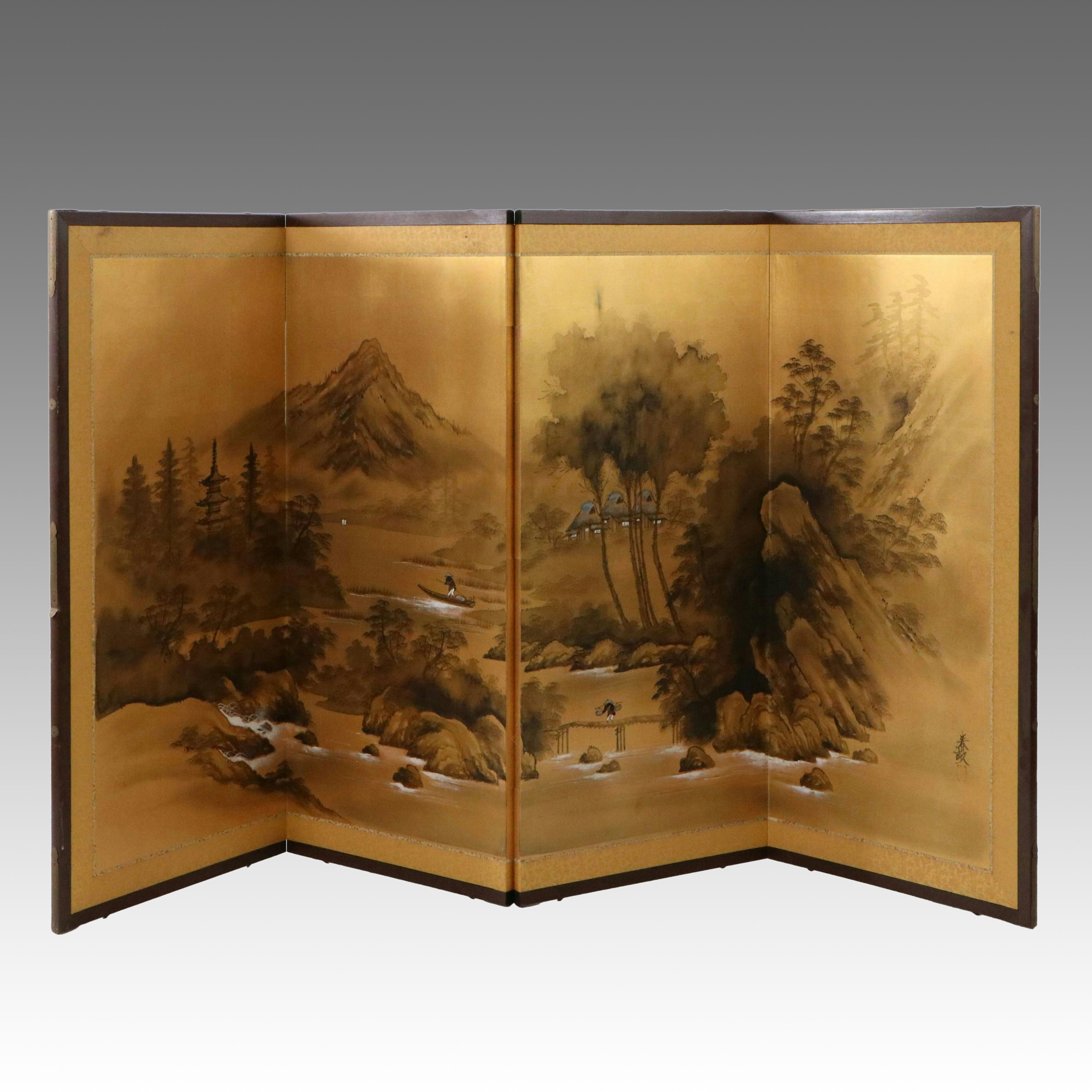 Japanese Hand-Painted Four-Panel Byōbu Screen, 20th Century