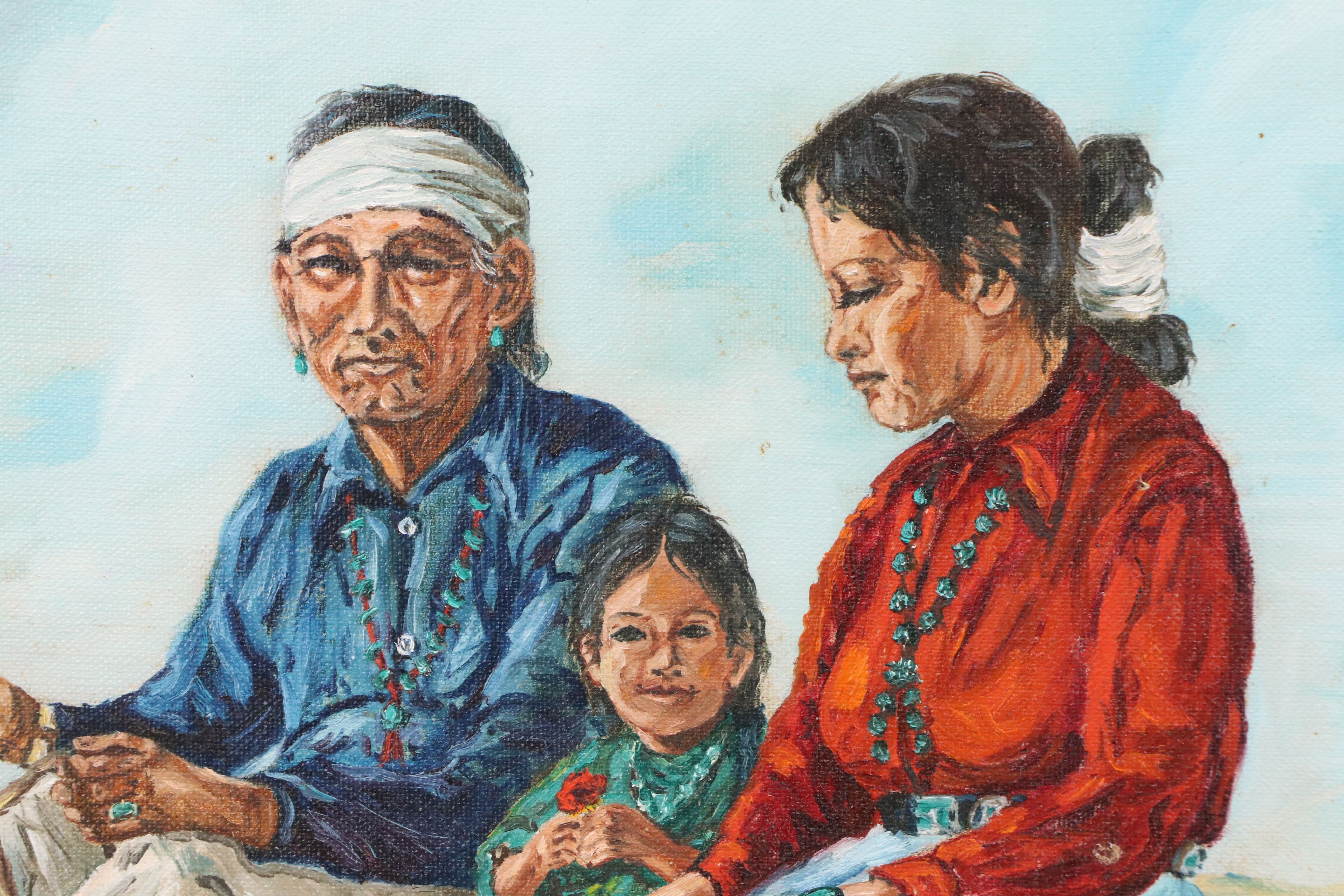 Roe Kiesling Oil Painting of Southwestern Indigenous Family in Wagon, 20th C.