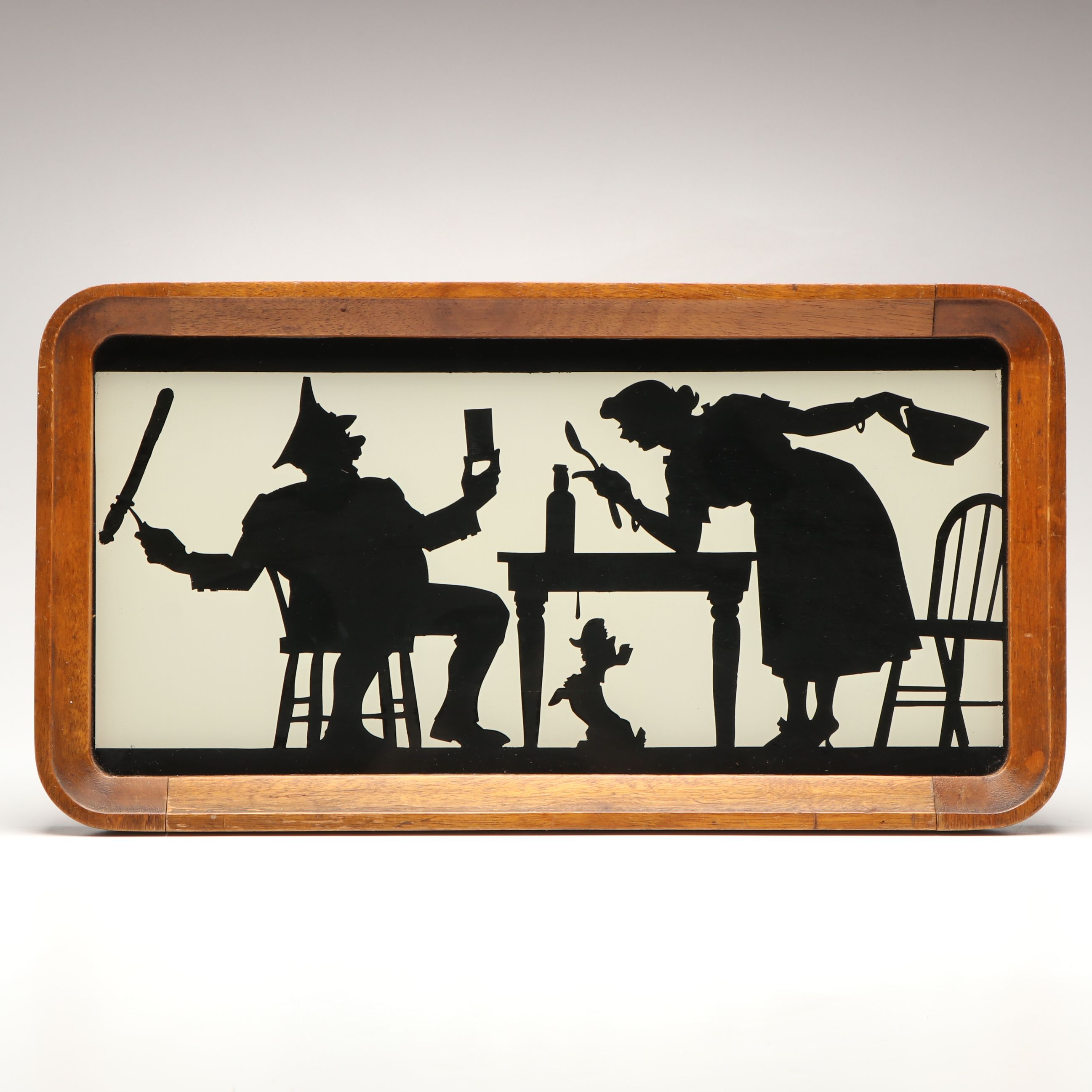 Wooden Tray with Reverse Painted Domestic Silhouette Scene Under Glass