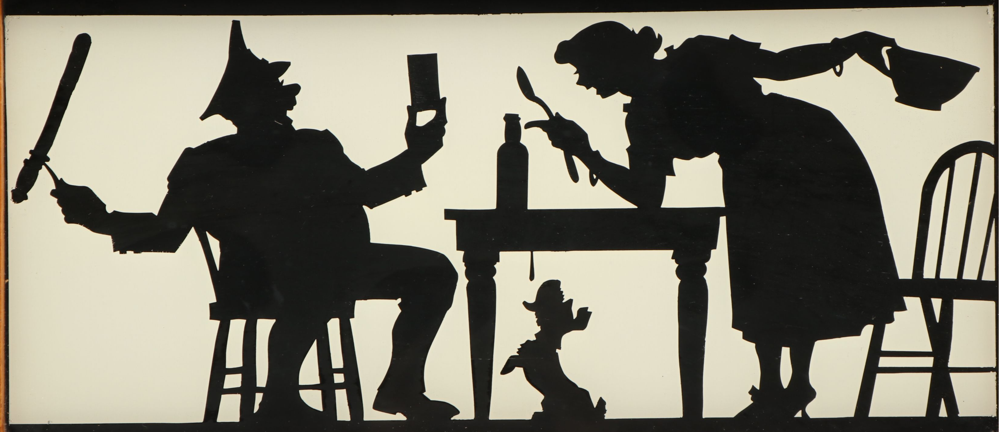 Wooden Tray with Reverse Painted Domestic Silhouette Scene Under Glass