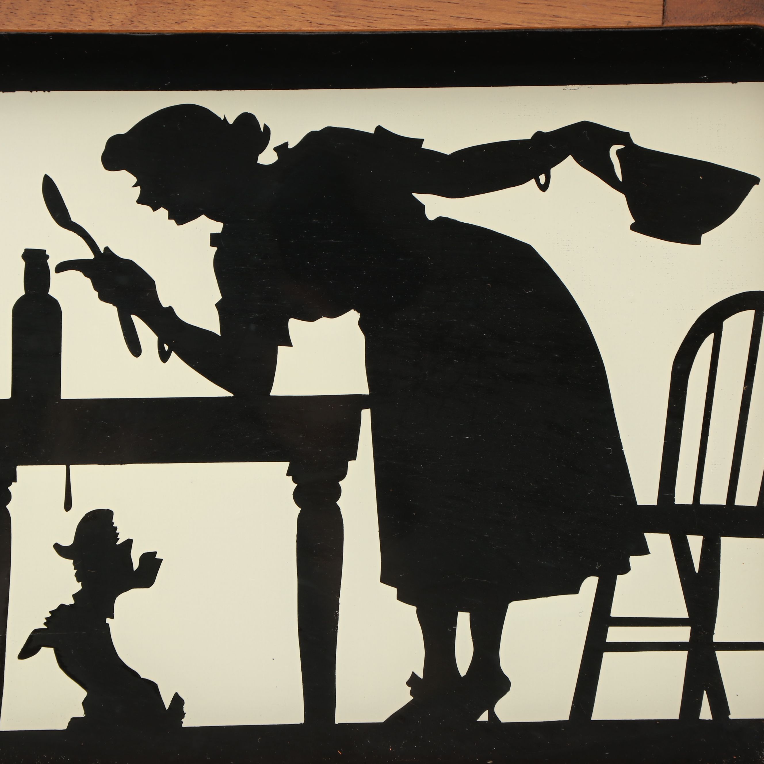 Wooden Tray with Reverse Painted Domestic Silhouette Scene Under Glass