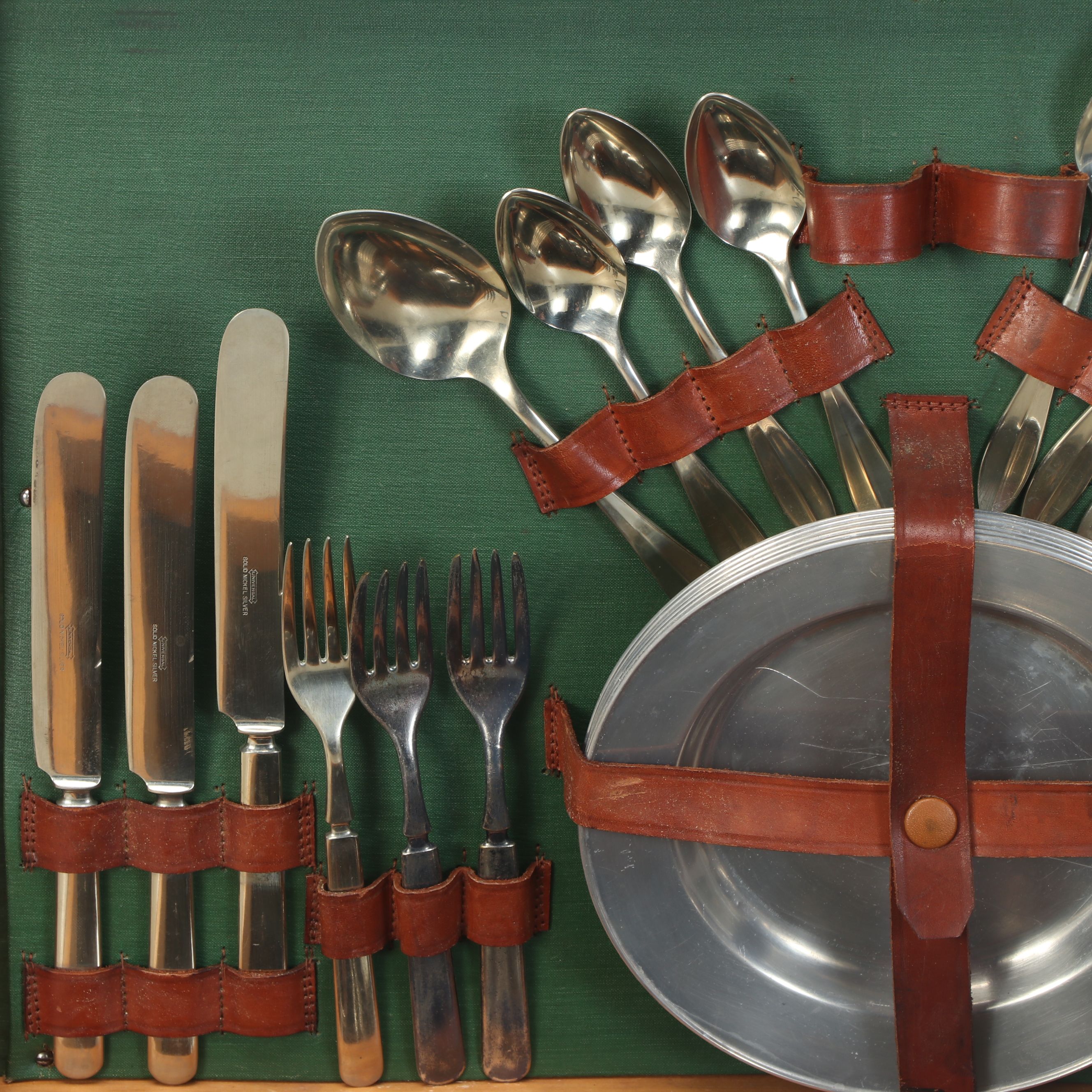 Woven Rattan Picnic Basket with Thermoses and Metal Serveware, Mid-20th C.
