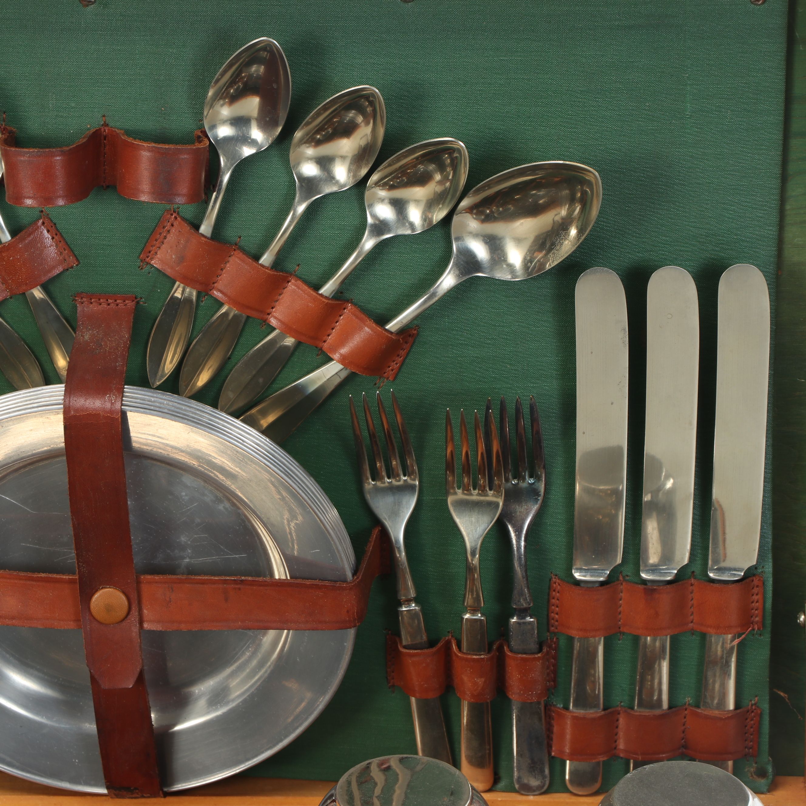 Woven Rattan Picnic Basket with Thermoses and Metal Serveware, Mid-20th C.