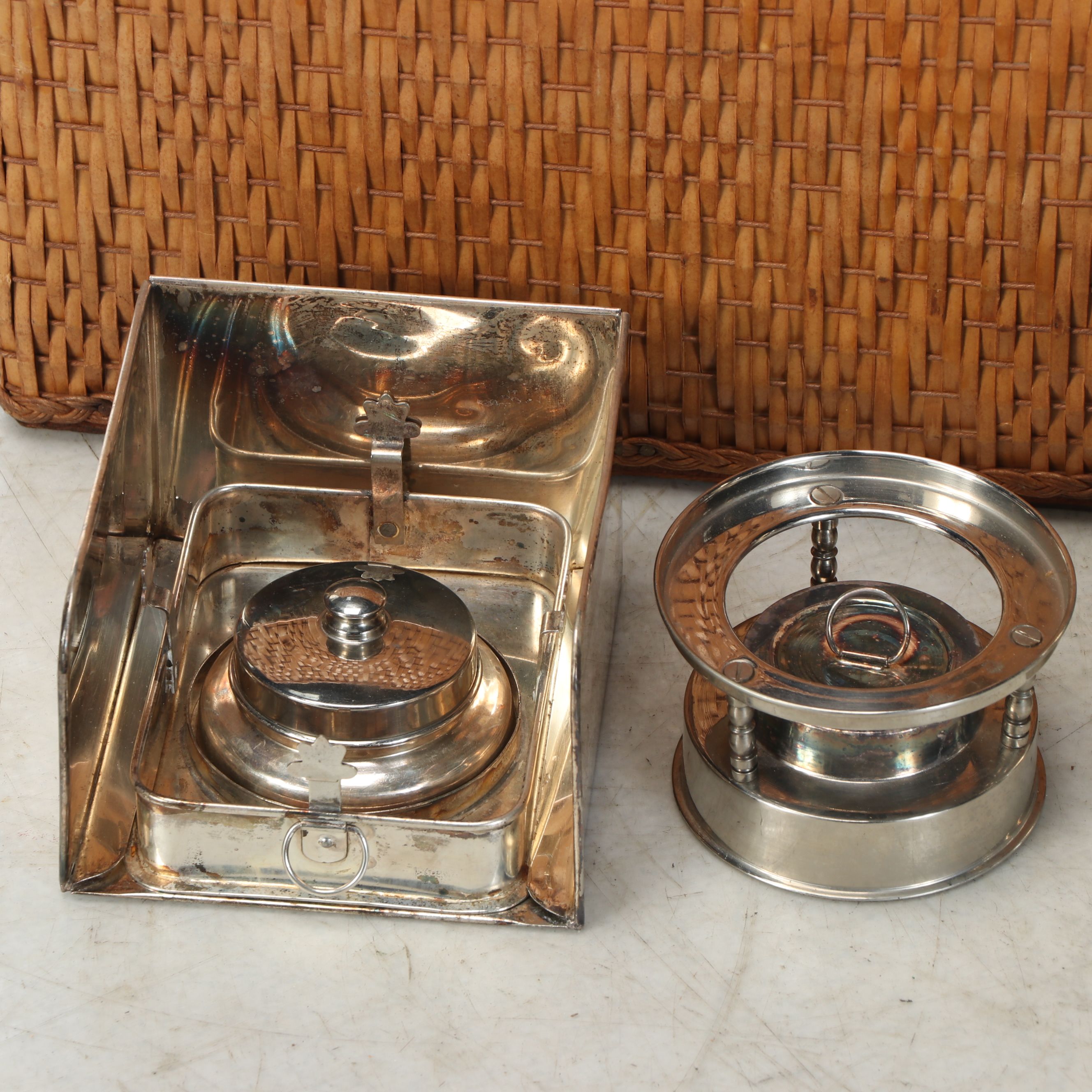 Woven Rattan Picnic Basket with Thermoses and Metal Serveware, Mid-20th C.