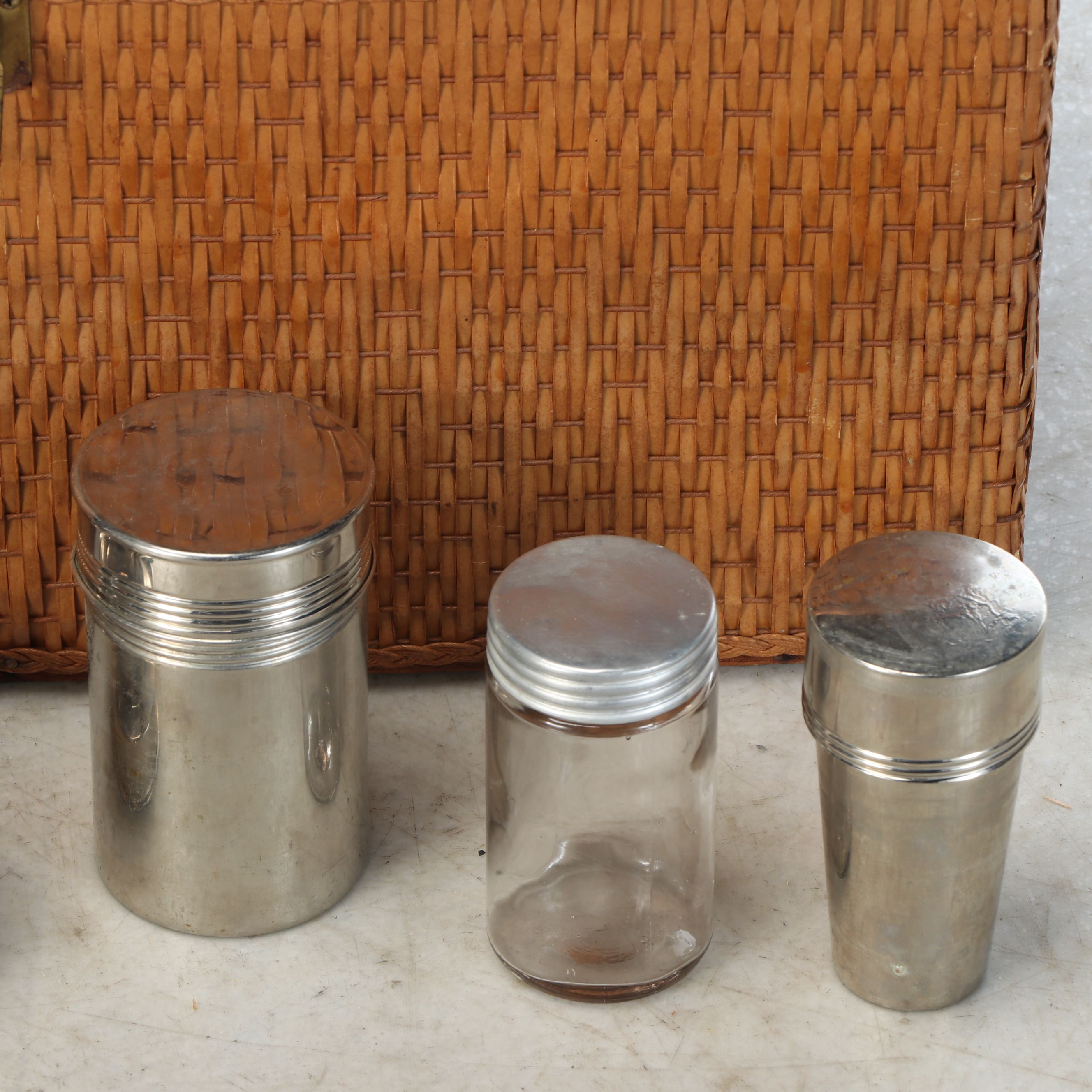Woven Rattan Picnic Basket with Thermoses and Metal Serveware, Mid-20th C.
