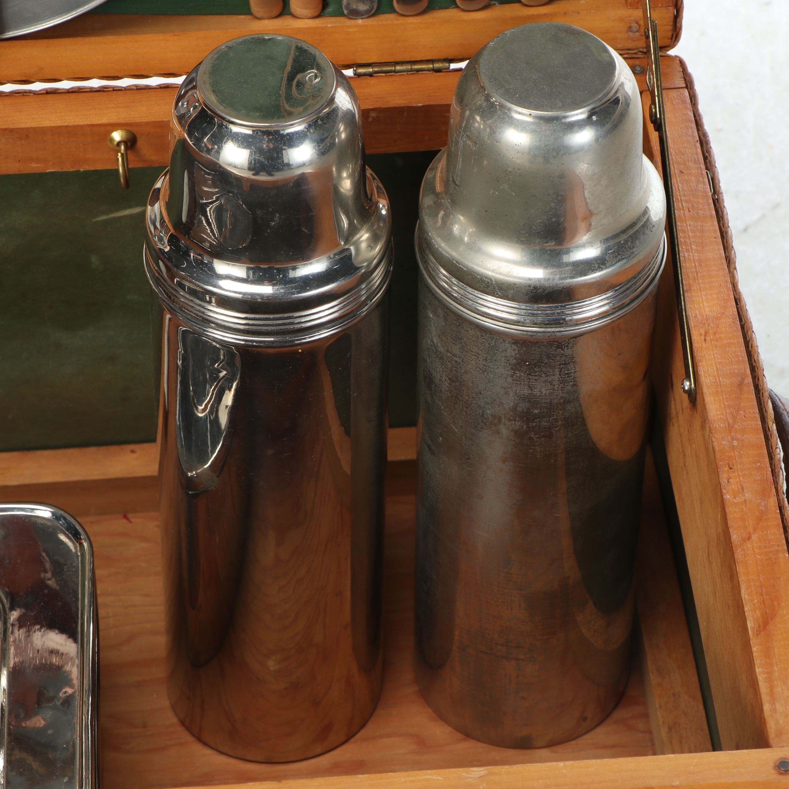 Woven Rattan Picnic Basket with Thermoses and Metal Serveware, Mid-20th C.