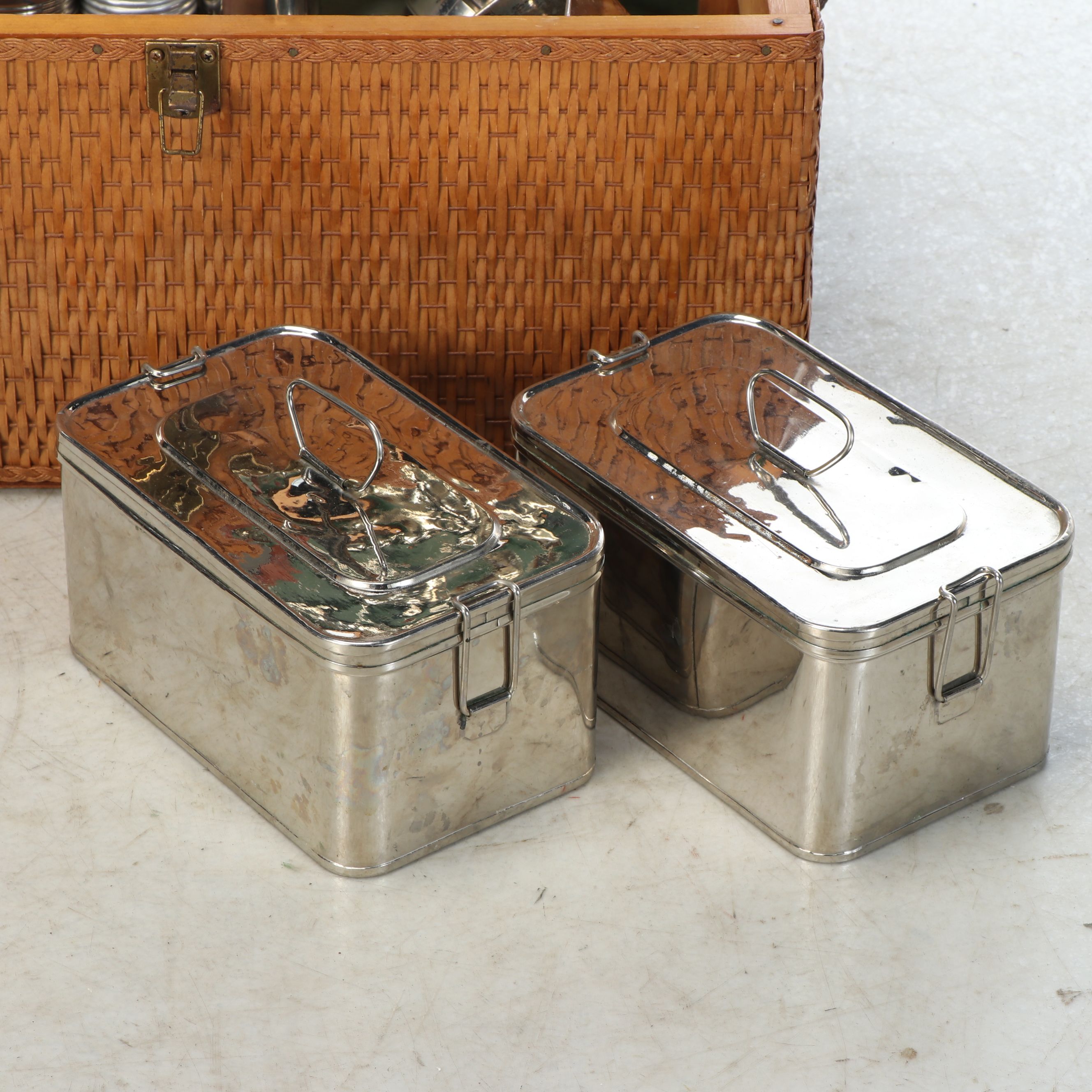 Woven Rattan Picnic Basket with Thermoses and Metal Serveware, Mid-20th C.