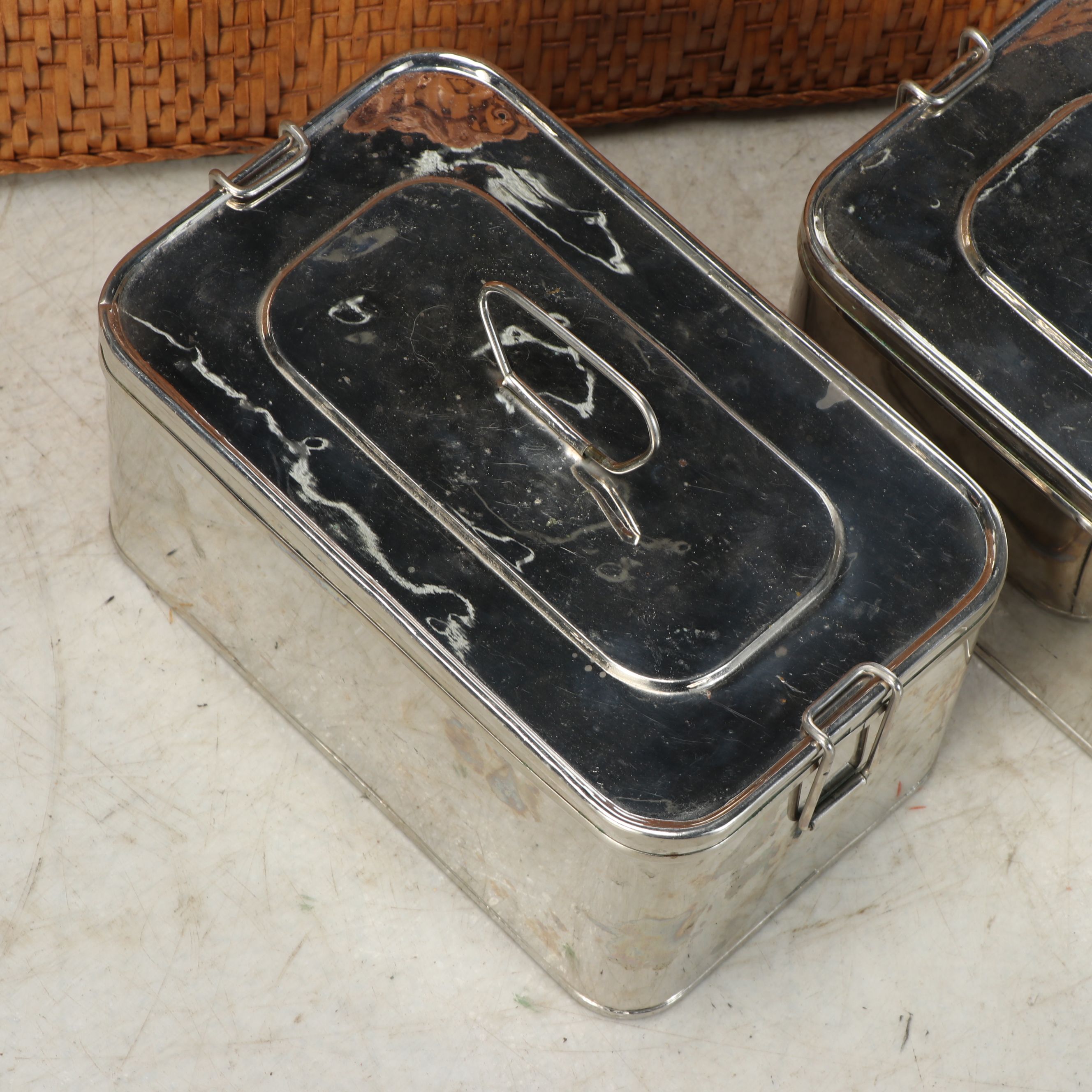 Woven Rattan Picnic Basket with Thermoses and Metal Serveware, Mid-20th C.