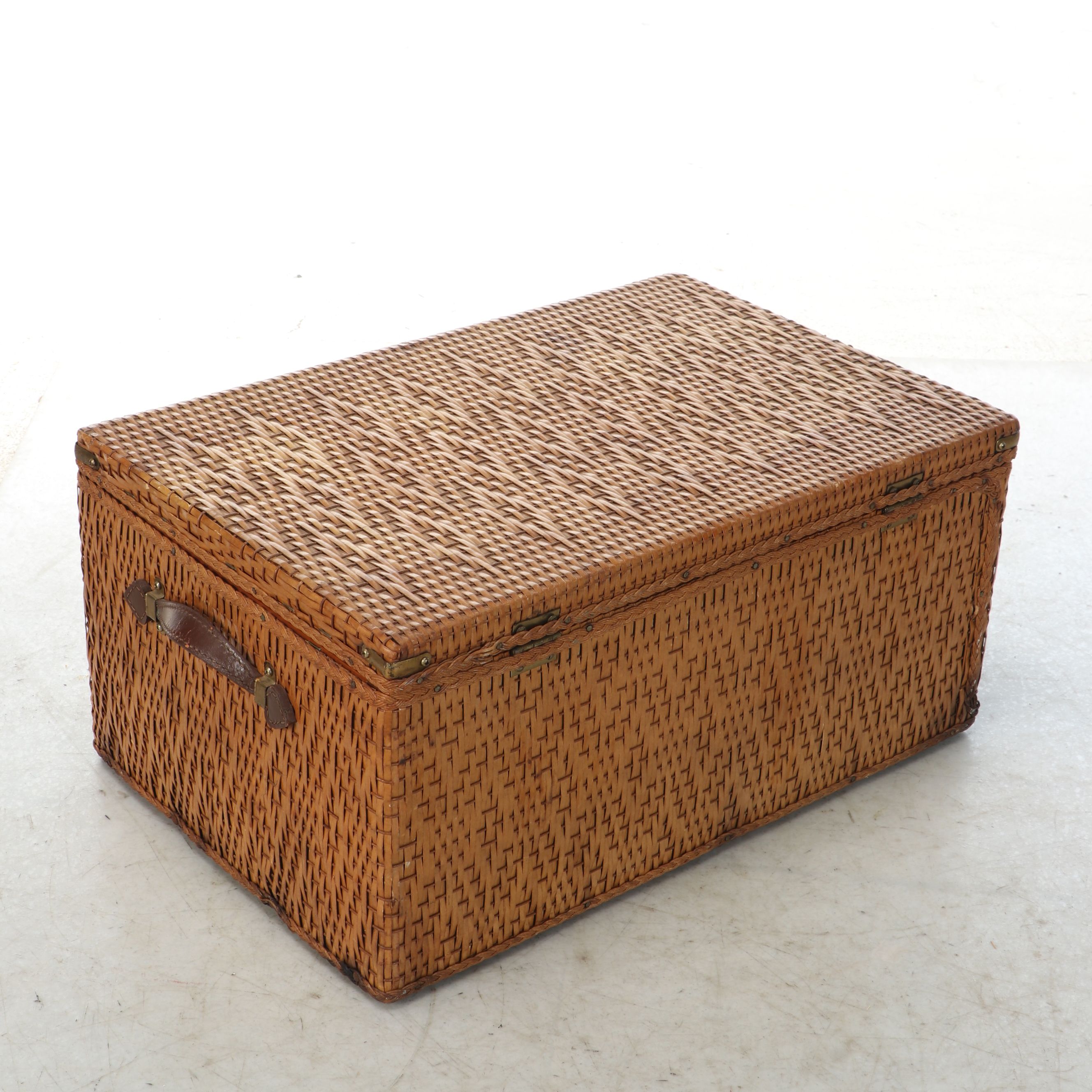 Woven Rattan Picnic Basket with Thermoses and Metal Serveware, Mid-20th C.