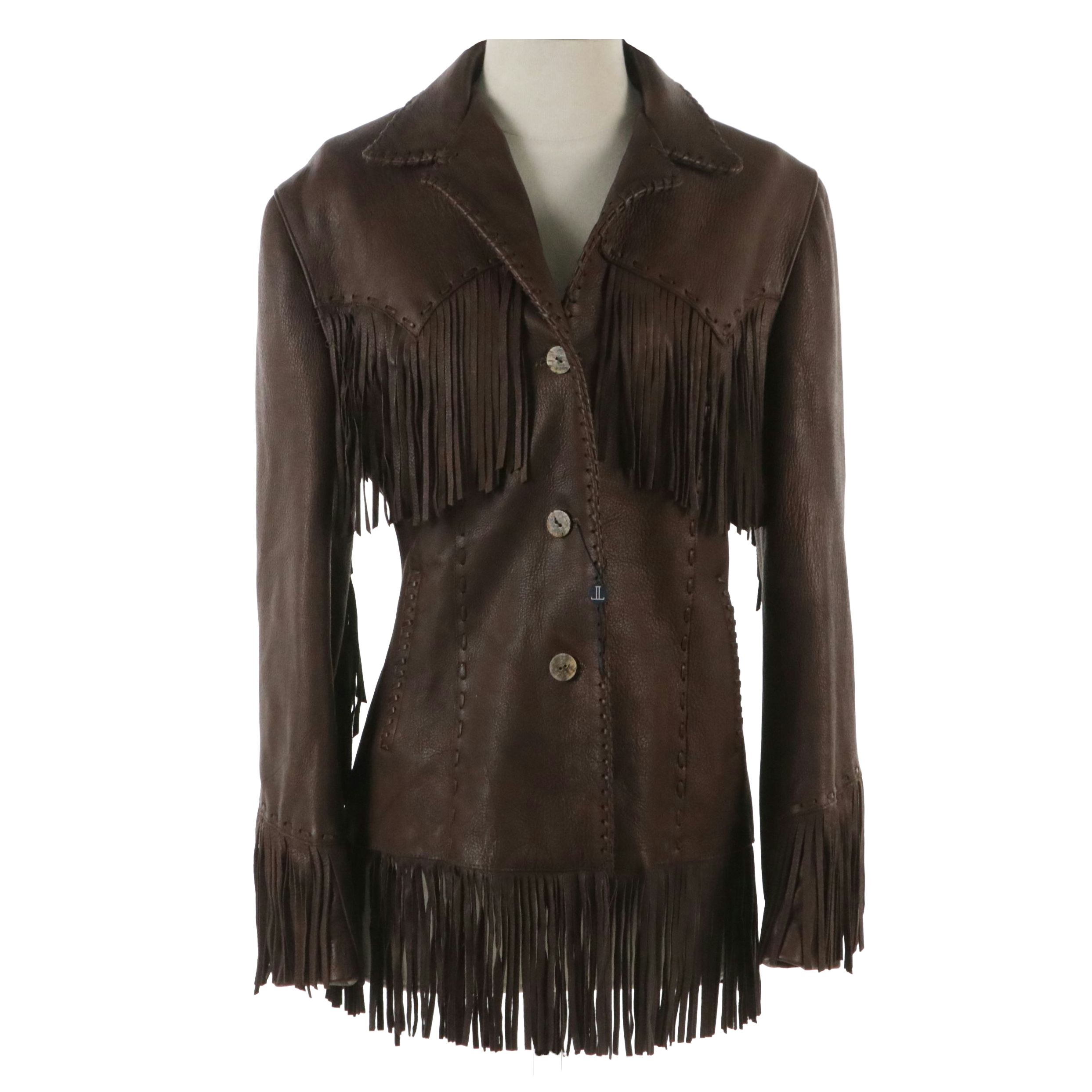 Lucchese Brown Leather Fringed Button-Front Jacket with Blanket Stitch Detail