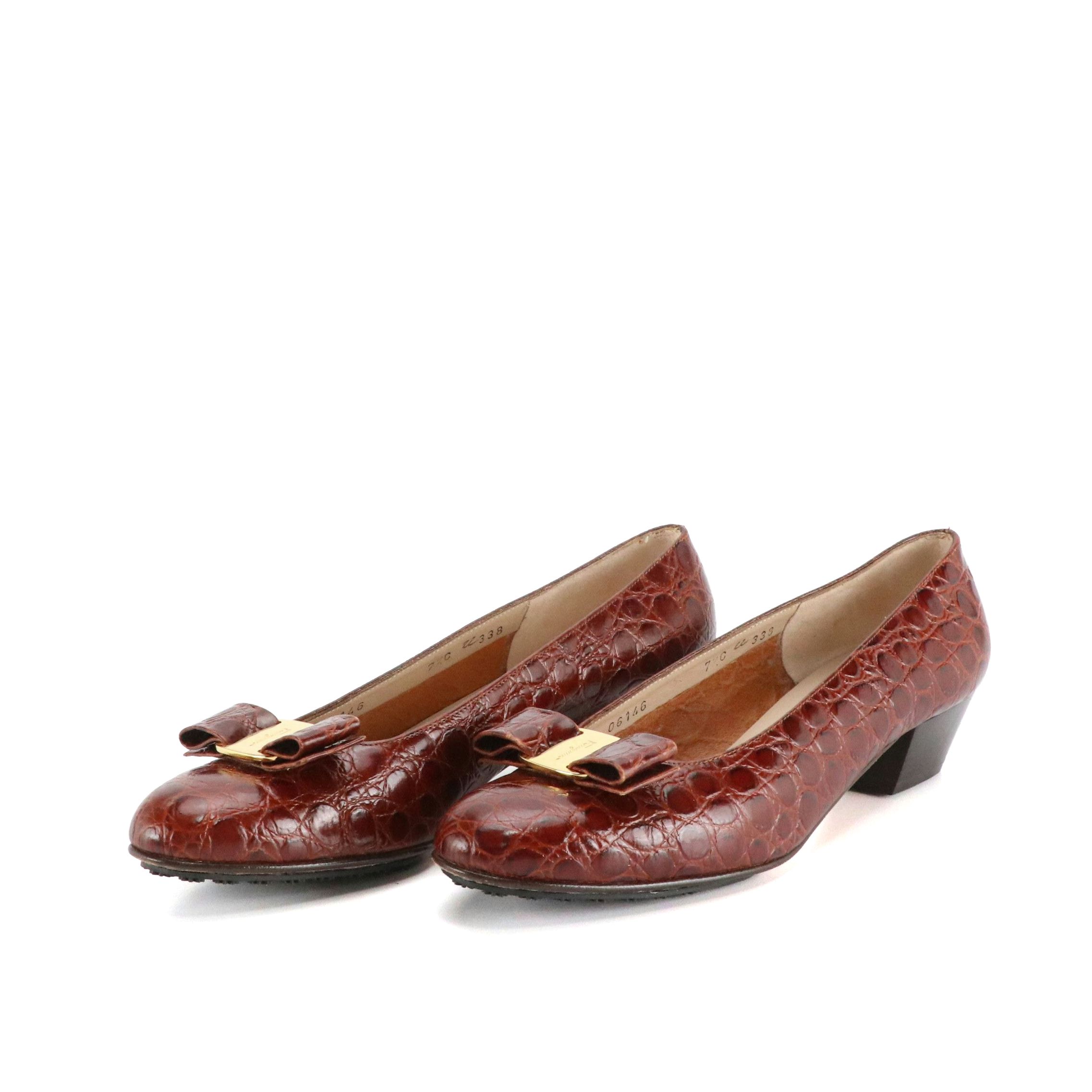 Salvatore Ferragamo Vara Bow Pumps in Croc Embossed Leather with Box
