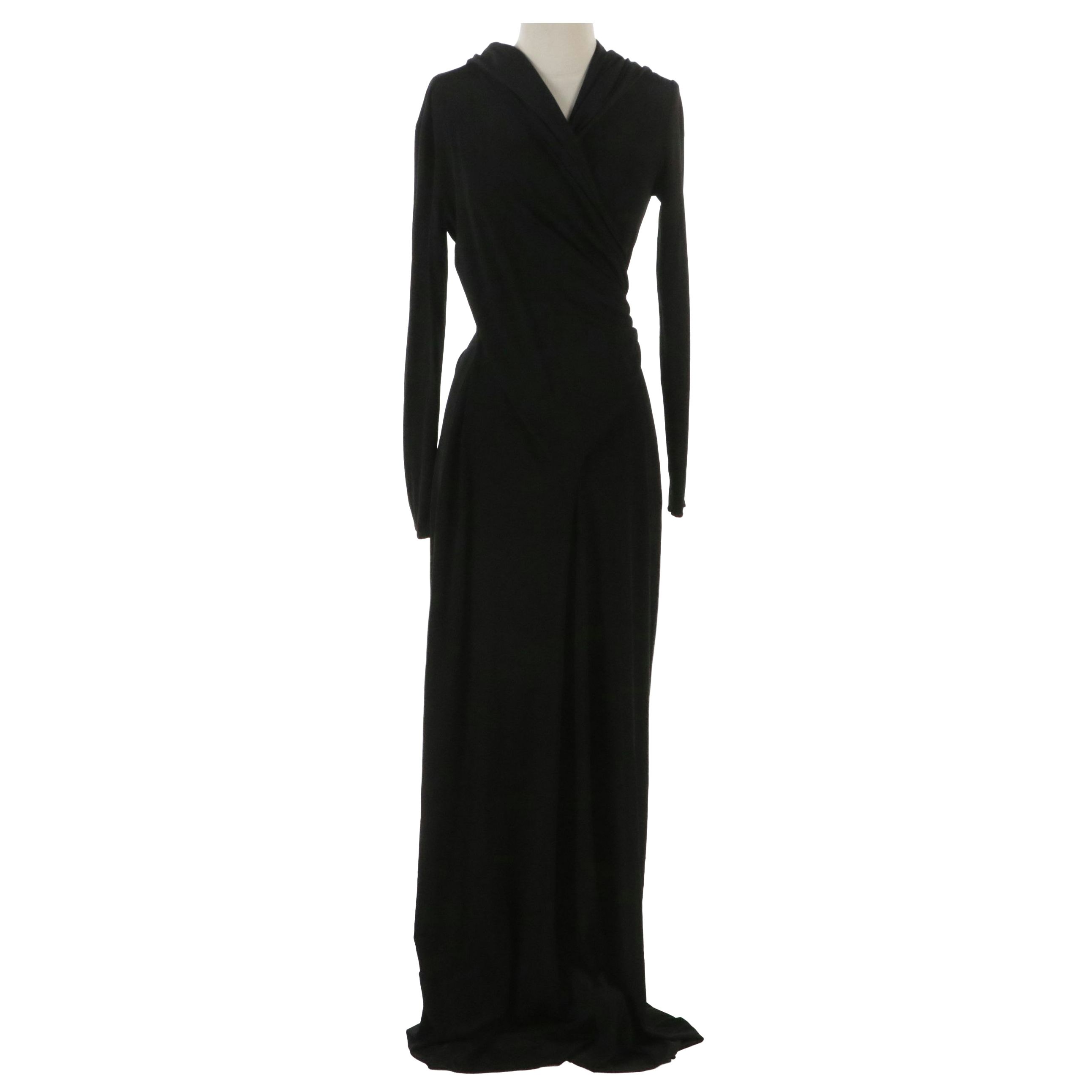 Tom Ford Black Ruched Hooded Long Sleeve Evening Dress with V-Cut Neckline
