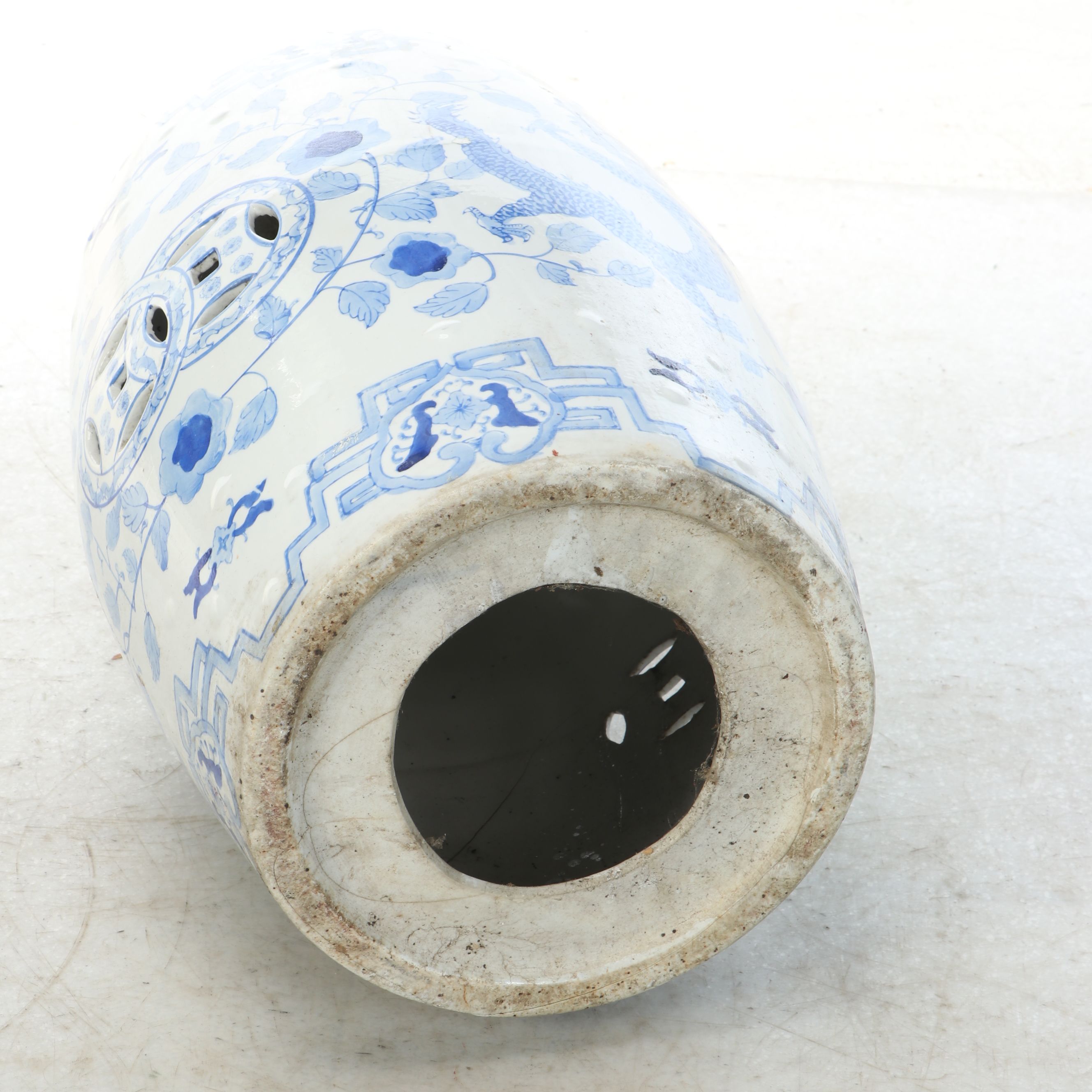 Chinese Blue and White Reticulated Ceramic Garden Stool