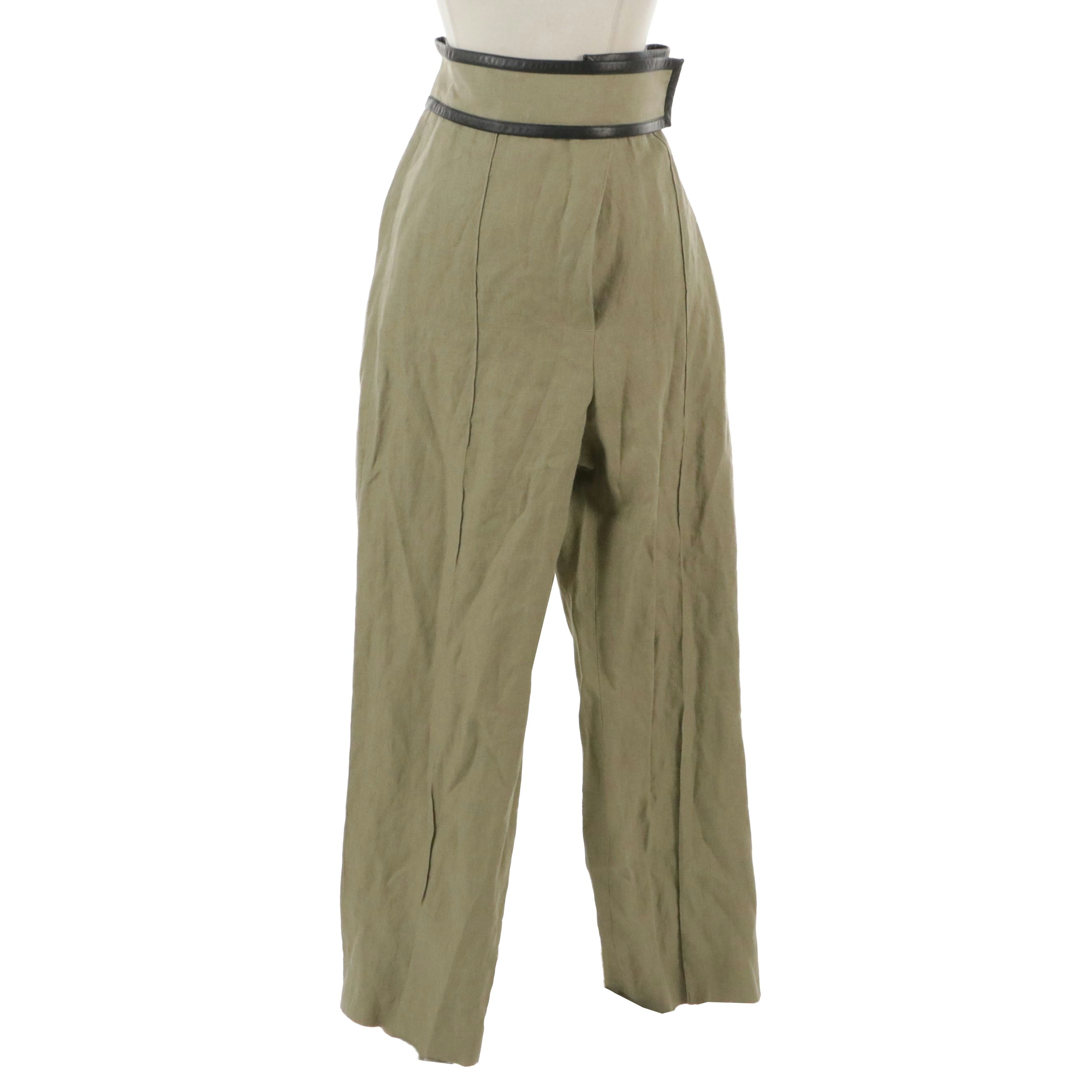 Céline Sage Green Linen Trousers with Black Lambskin Leather Trim