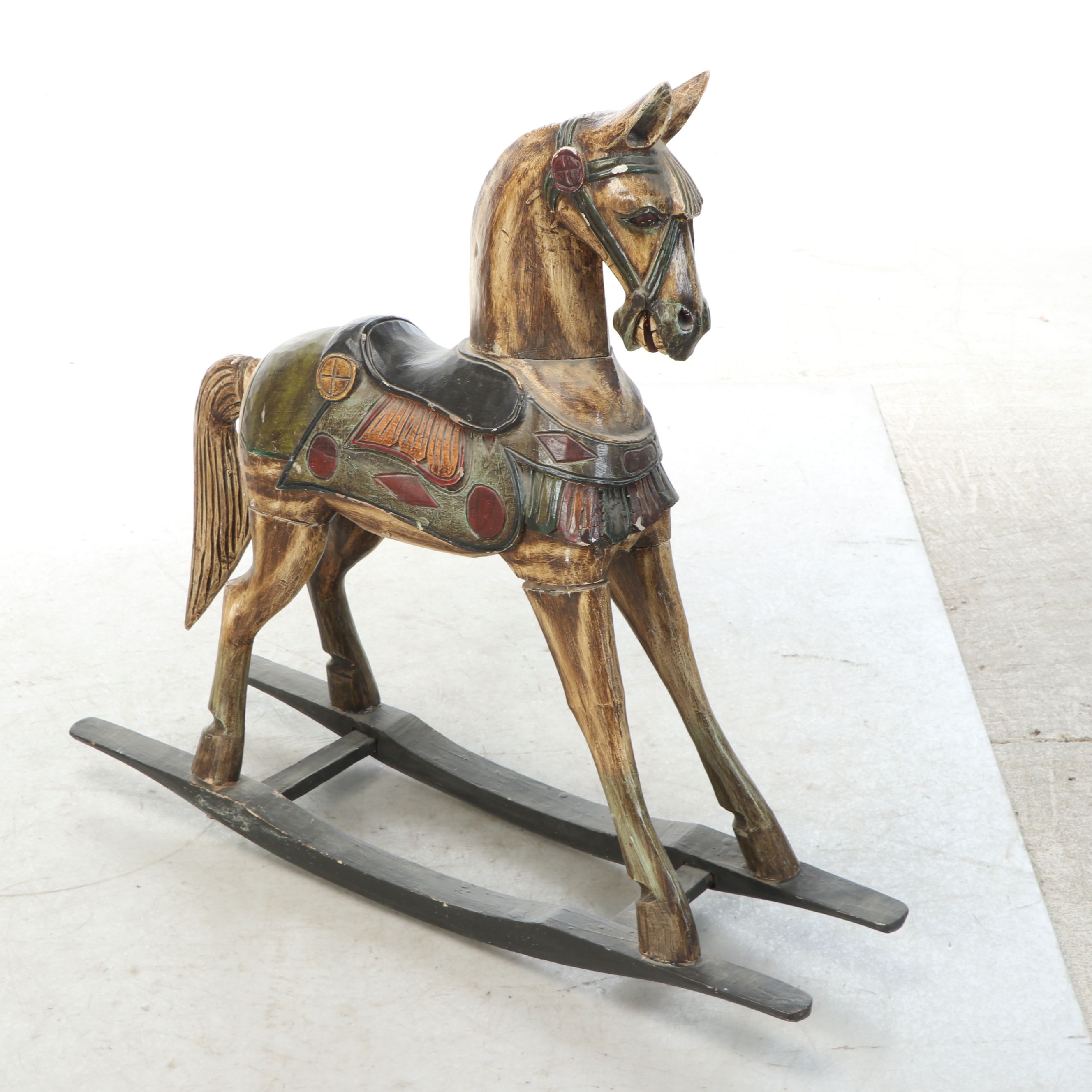 Antiqued Polychrome Wooden Rocking Horse
