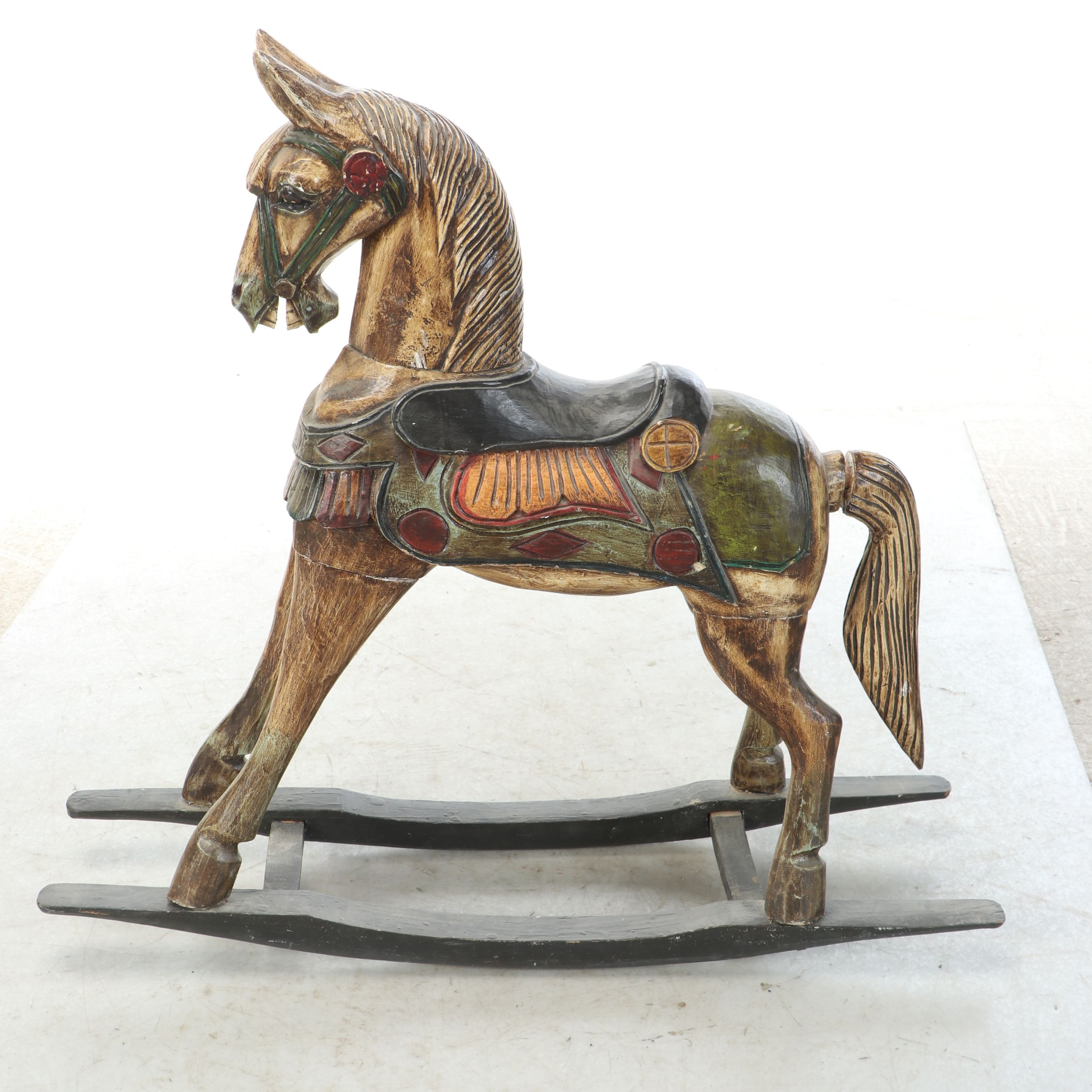 Antiqued Polychrome Wooden Rocking Horse