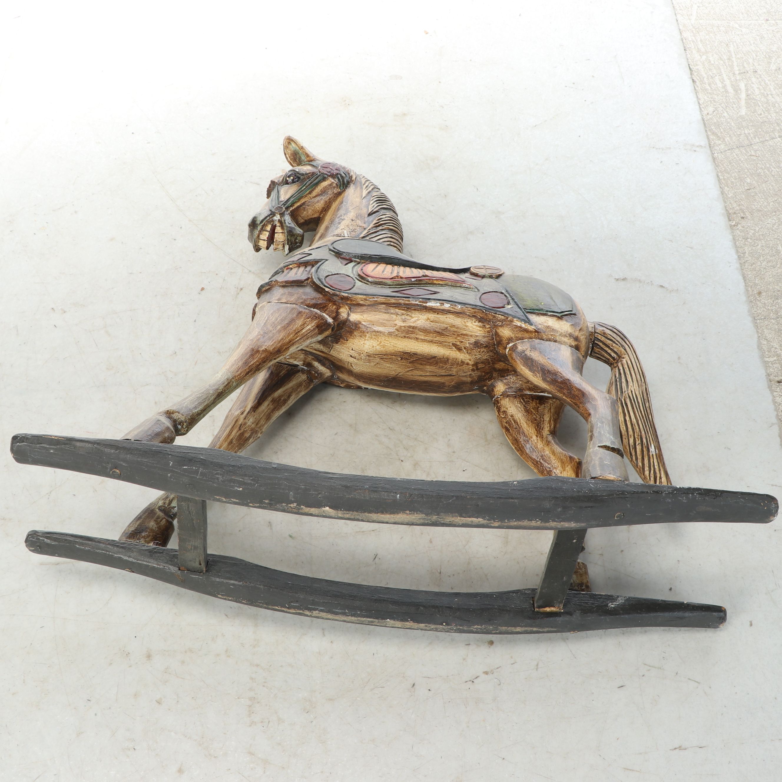 Antiqued Polychrome Wooden Rocking Horse