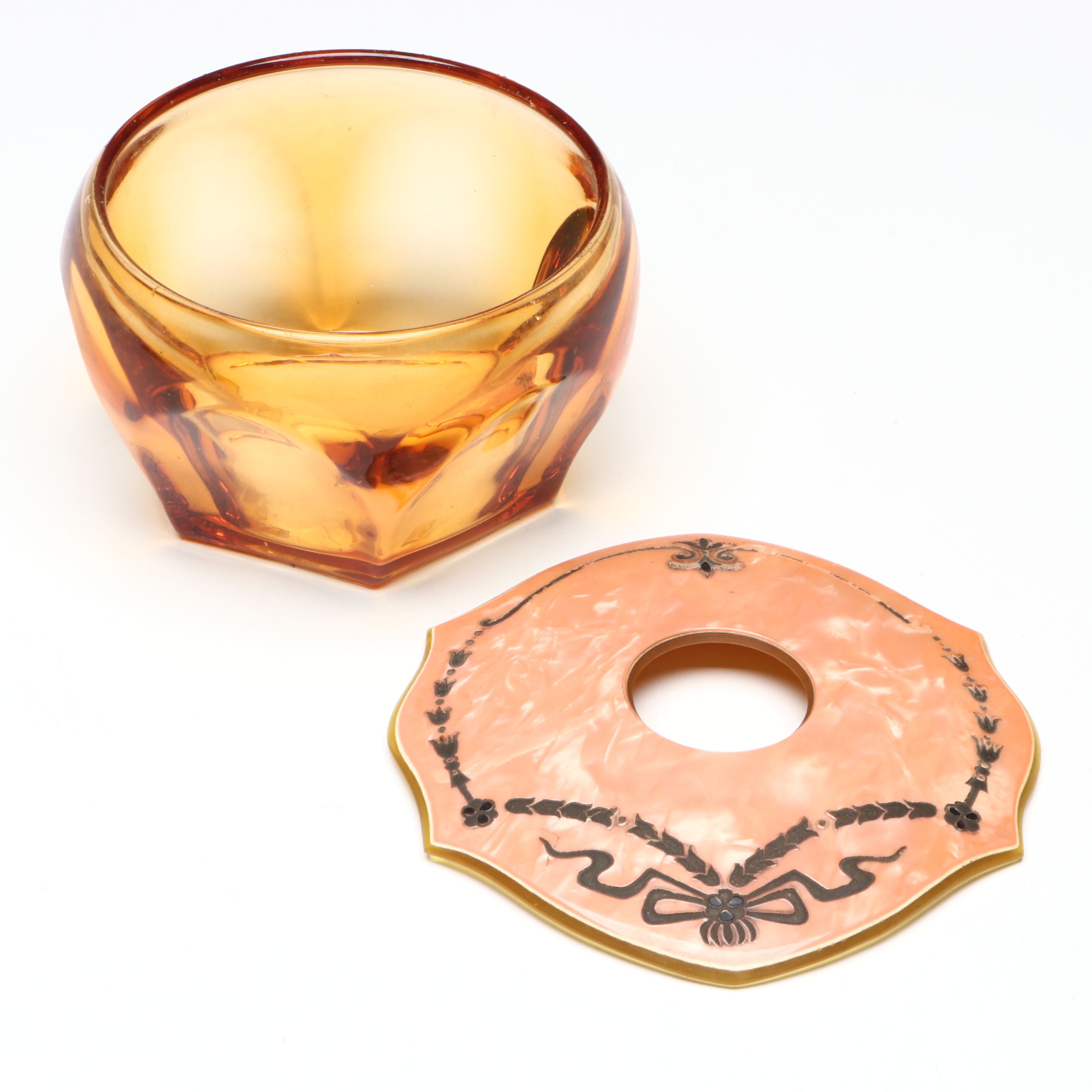 Amber Glass and Marbled Celluloid Vanity Jars, 1920s-1930s