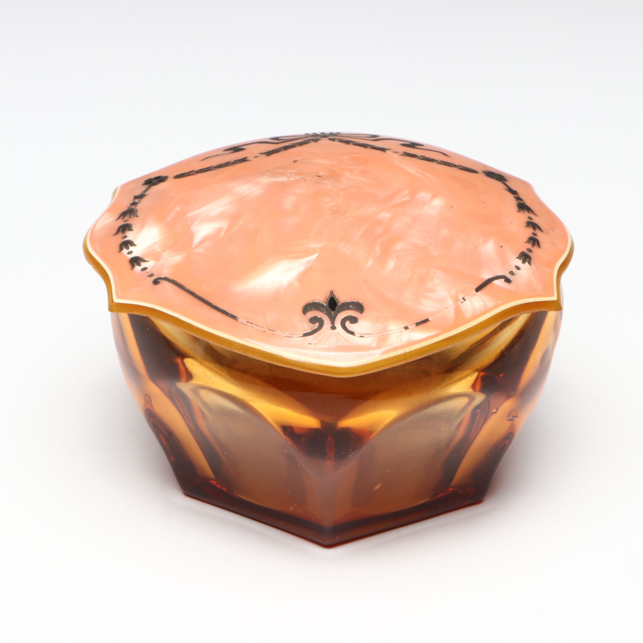 Amber Glass and Marbled Celluloid Vanity Jars, 1920s-1930s