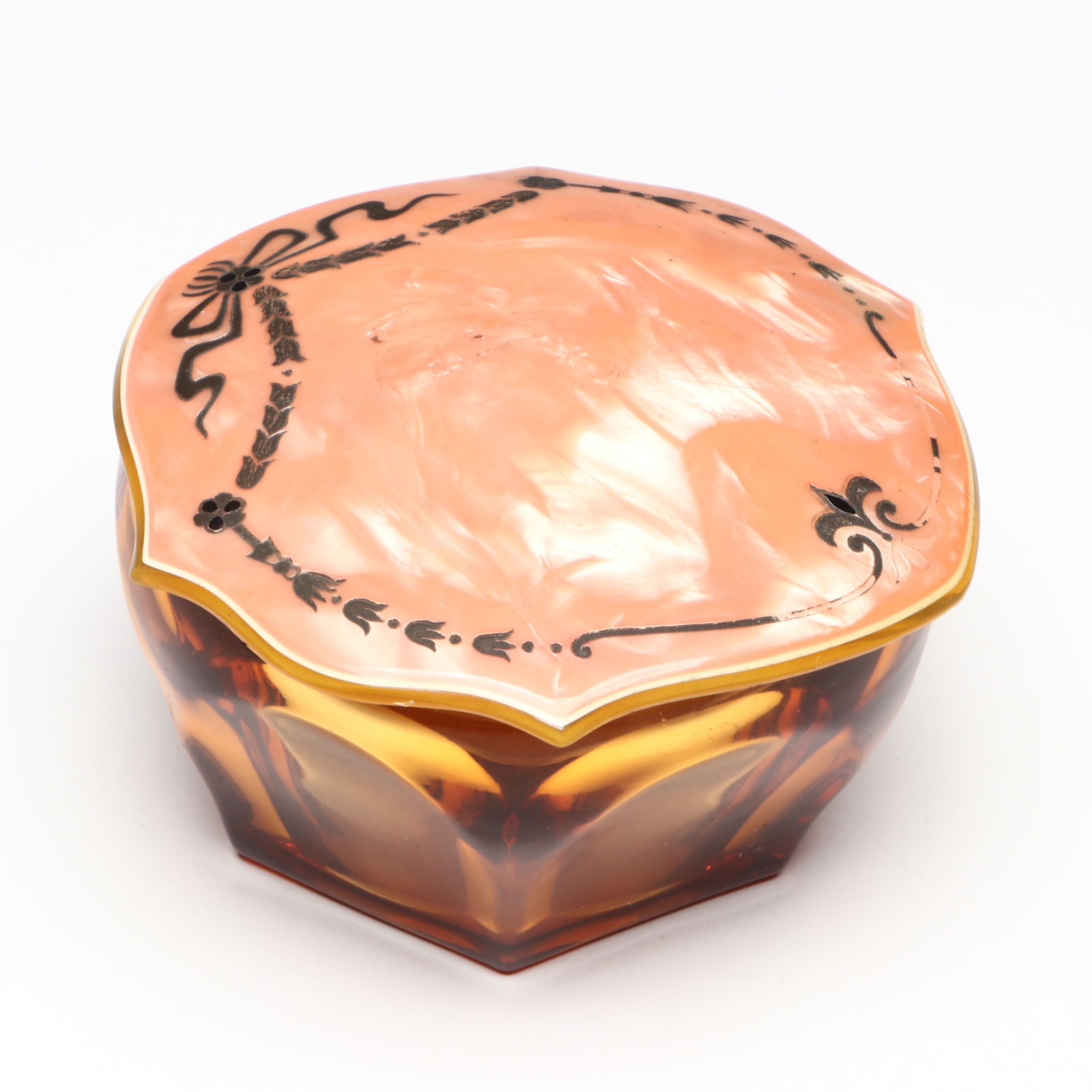 Amber Glass and Marbled Celluloid Vanity Jars, 1920s-1930s