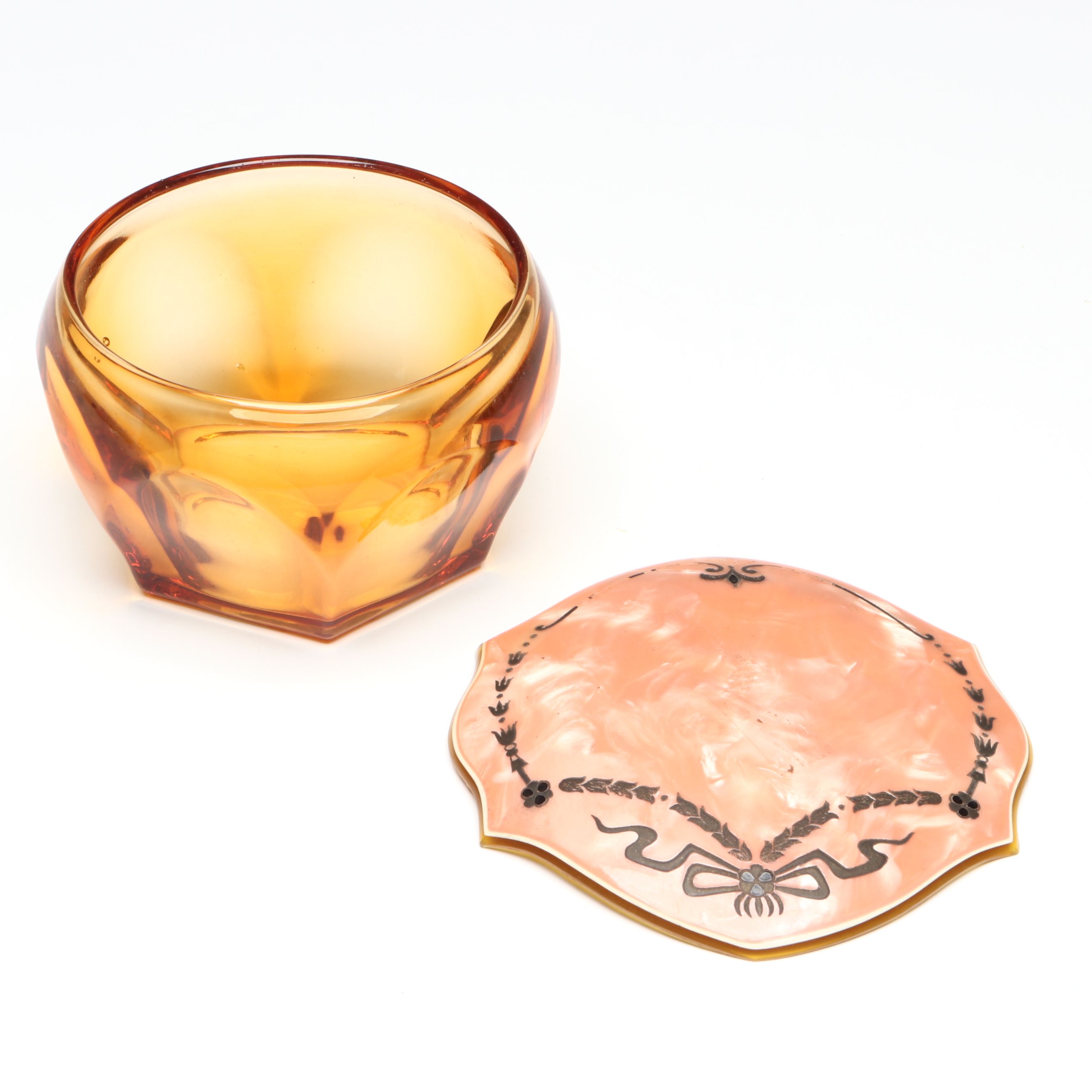 Amber Glass and Marbled Celluloid Vanity Jars, 1920s-1930s