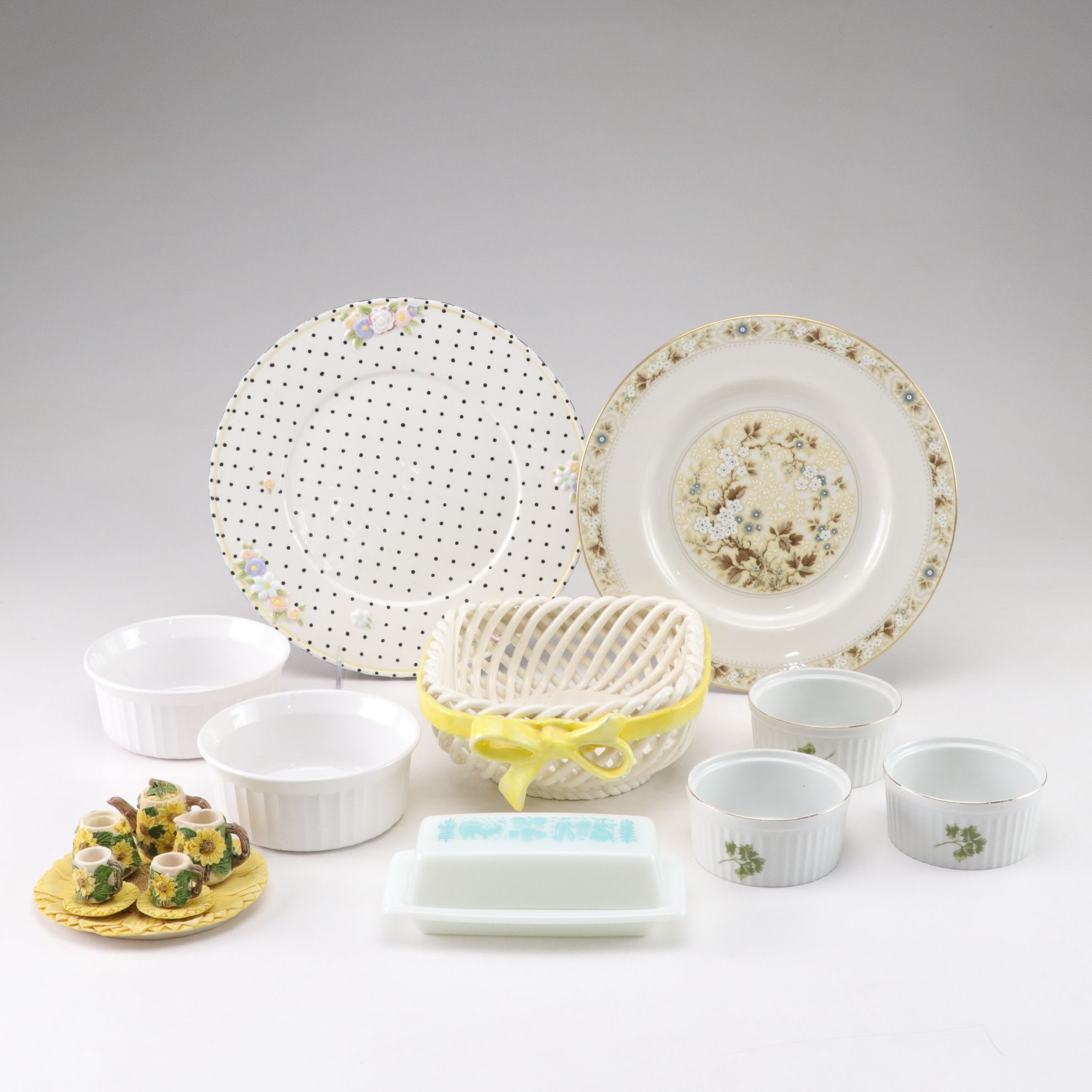 Pyrex "Butterprint Turquoise" Butter Dish with Other Dinnerware